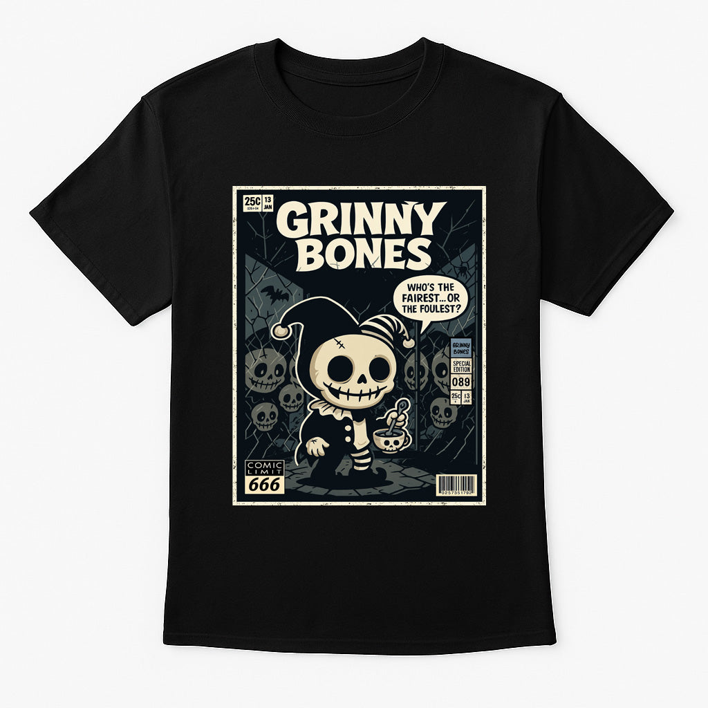 Grinny Bones Unisex T-Shirt – Sinister Skeleton Jester Dark Mirror Horror Streetwear Tee