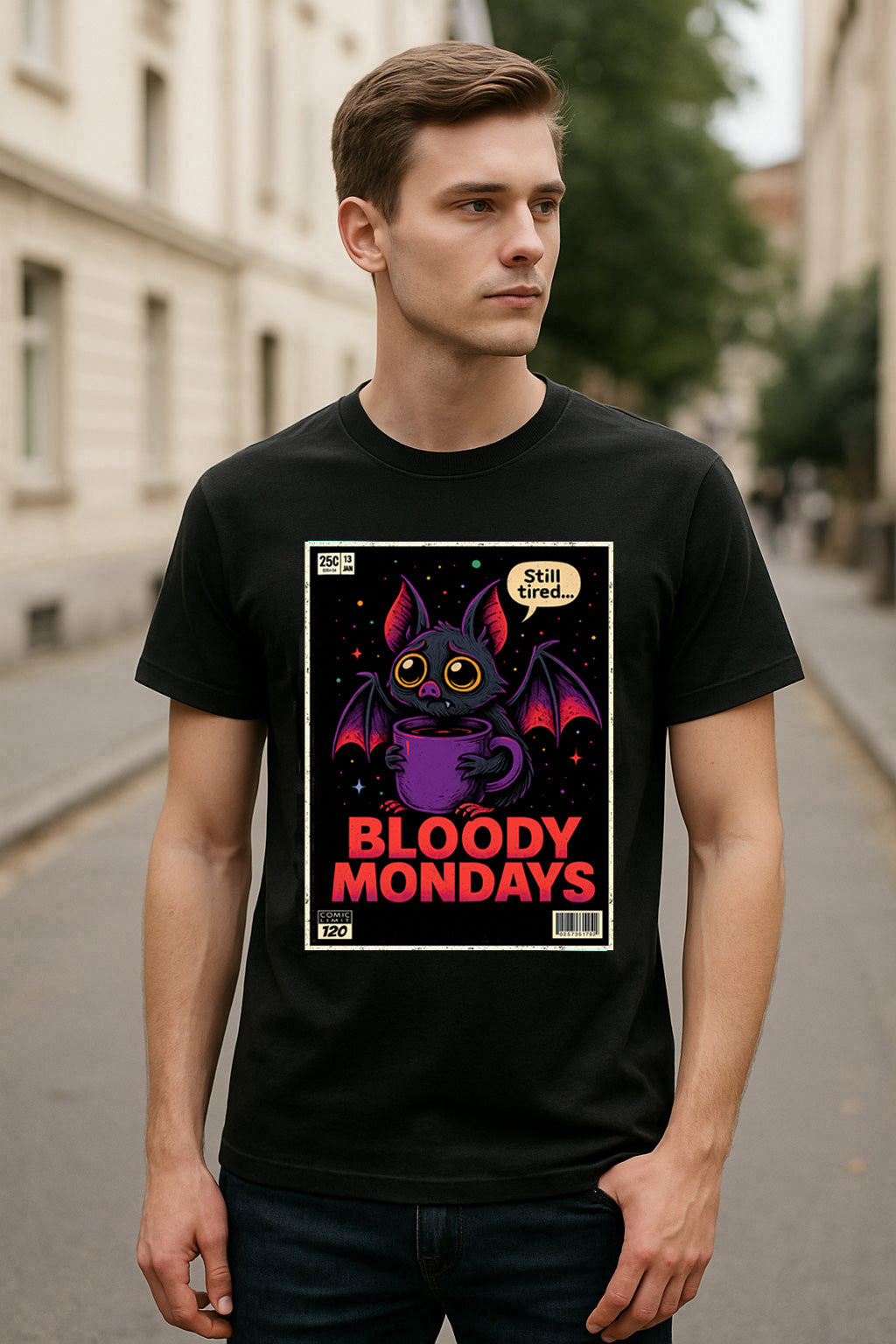 Bloody Mondays Bat Unisex T-Shirt Retro Horror Coffee Tee
