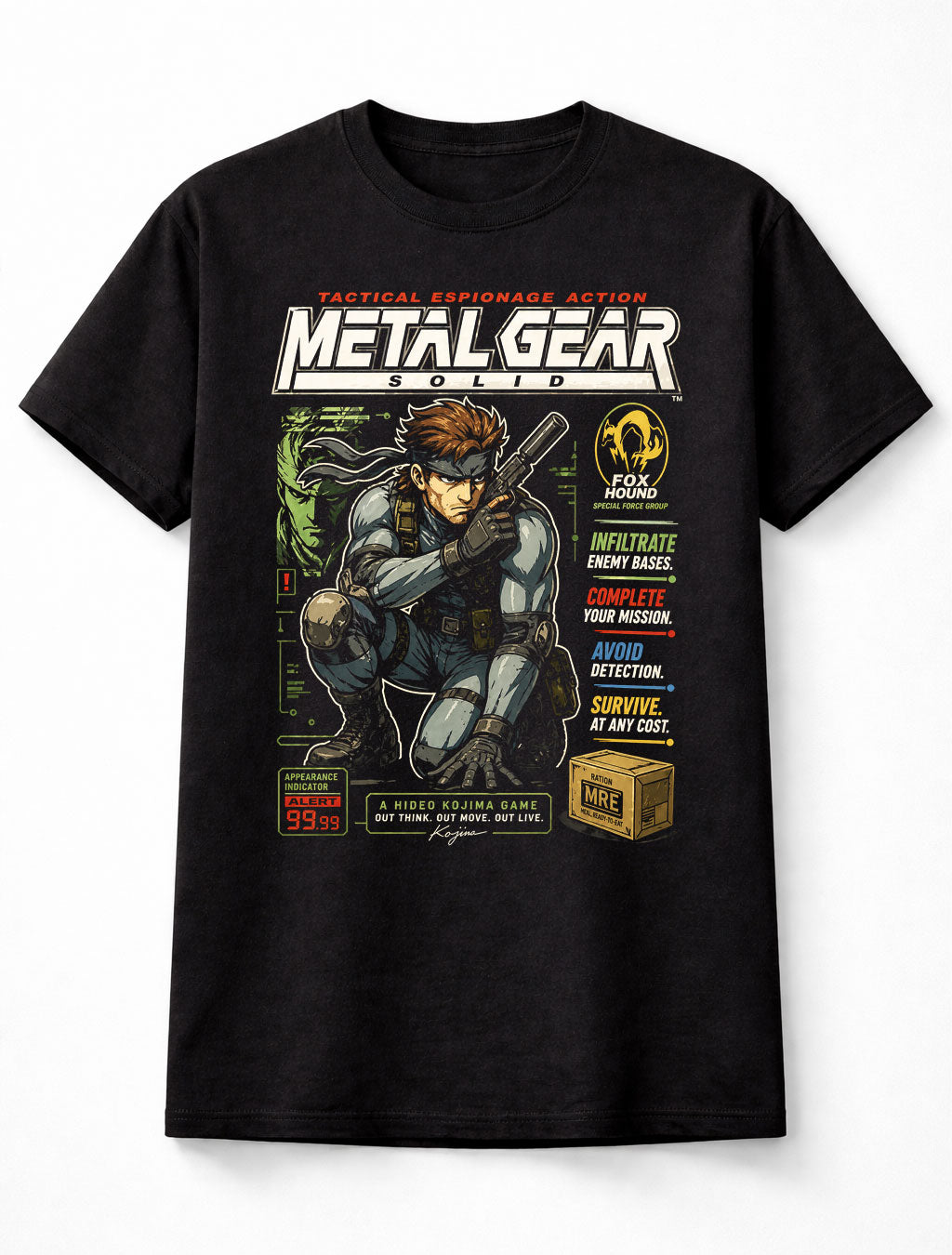 Metal Gear Solid T-Shirt Solid Snake Tactical Espionage Action Graphic Tee PlayStation Stealth Game Character Shirt Foxhound Gamer Adults & Kids Unisex T-Shirt