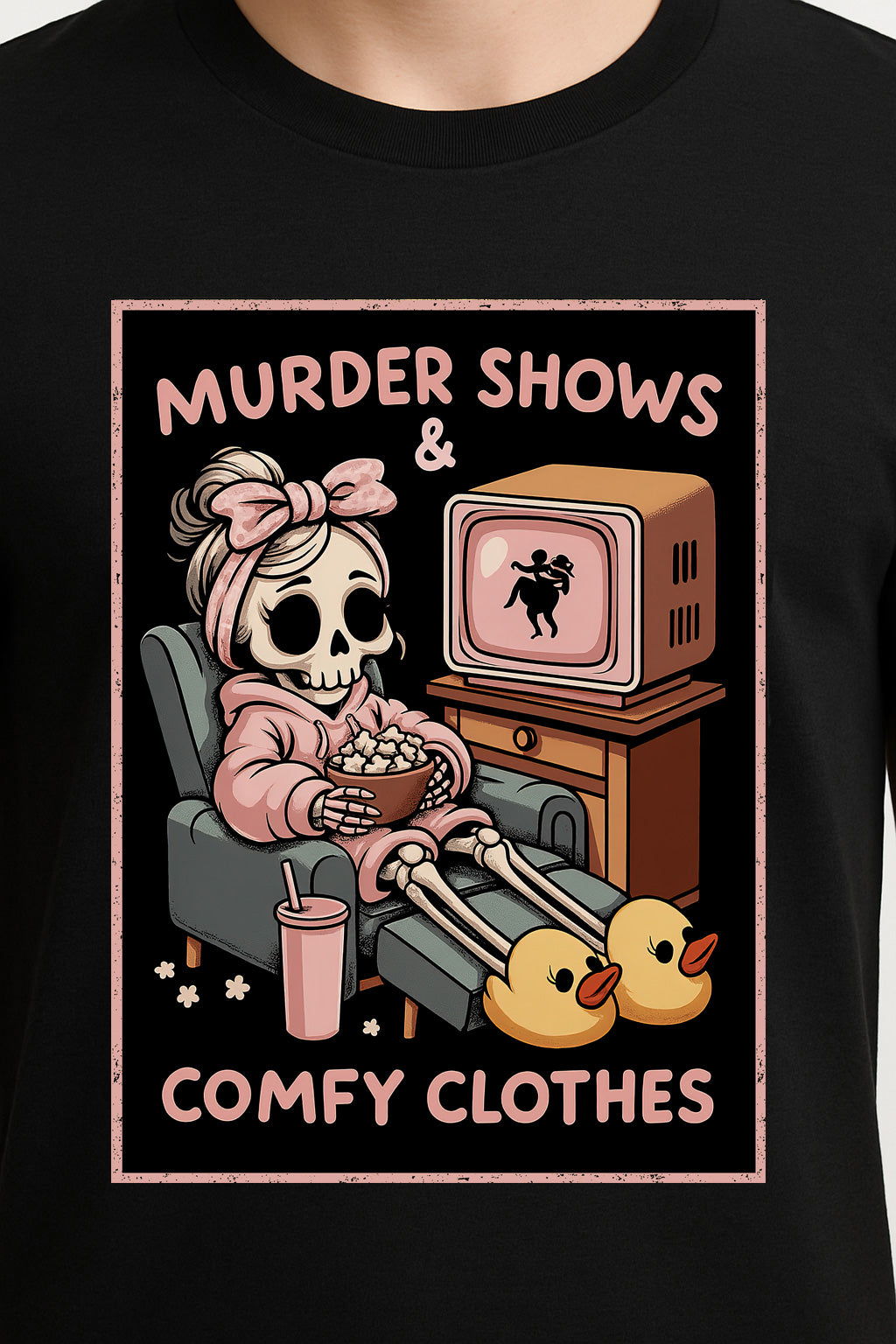 Murder Shows & Comfy Clothes Unisex T-Shirt – True Crime Skeleton Funny Dark Humor Graphic Tee
