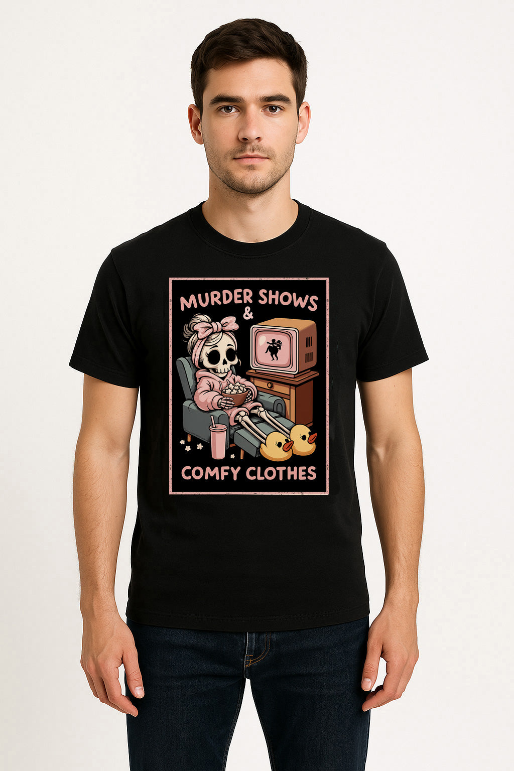 Murder Shows & Comfy Clothes Unisex T-Shirt – True Crime Skeleton Funny Dark Humor Graphic Tee