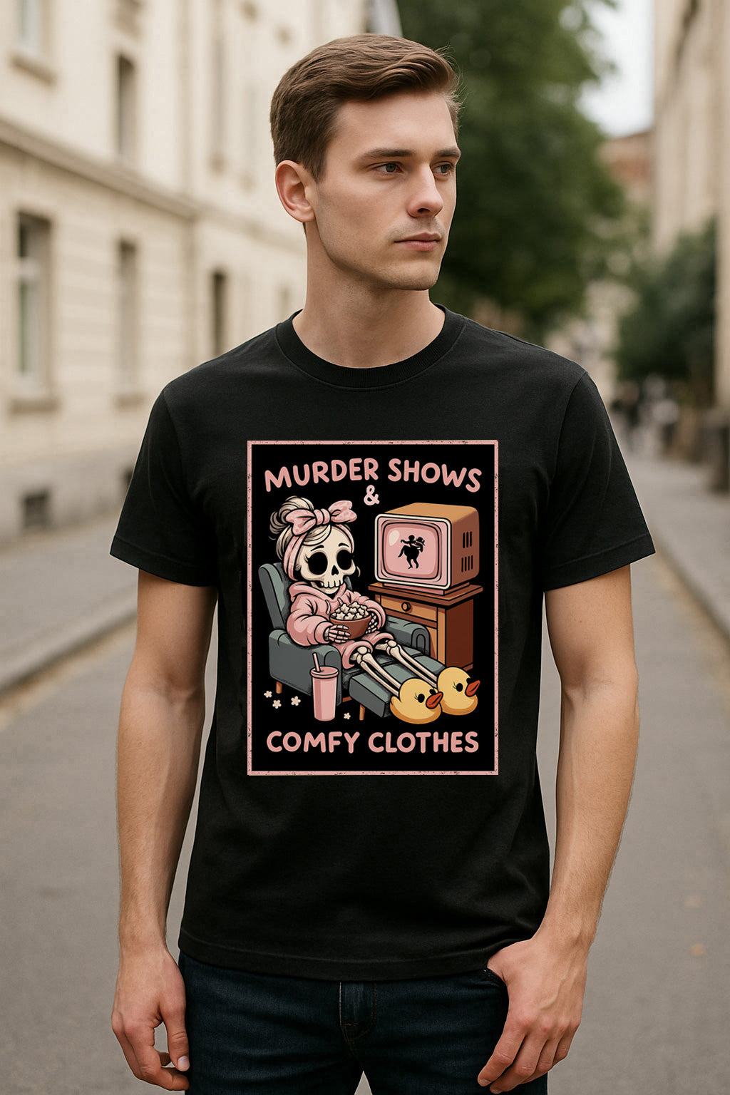 Murder Shows & Comfy Clothes Unisex T-Shirt – True Crime Skeleton Funny Dark Humor Graphic Tee