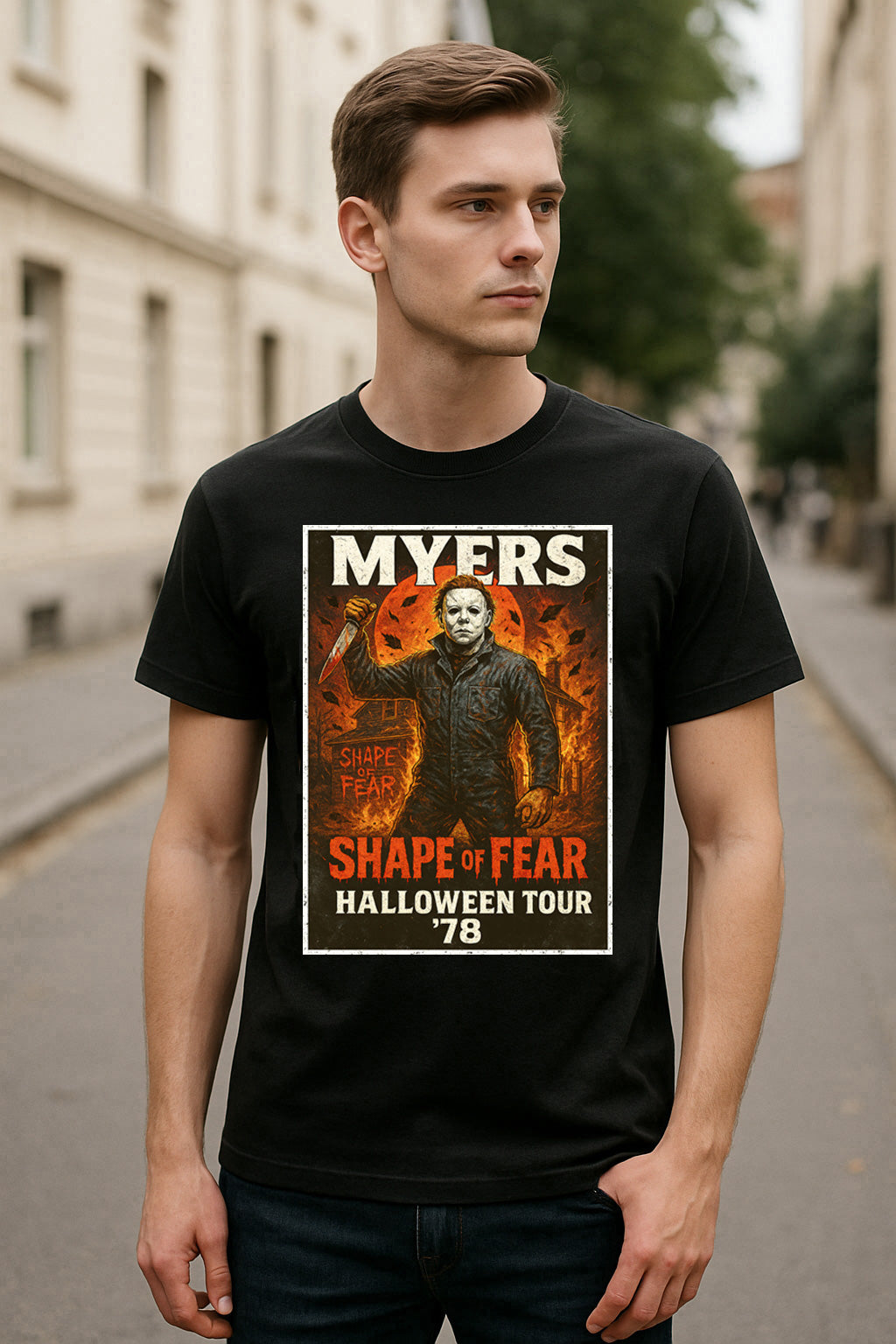Michael Myers “Shape of Fear” Halloween Tour ’78 Graphic Tee – Retro Horror Comic T-Shirt