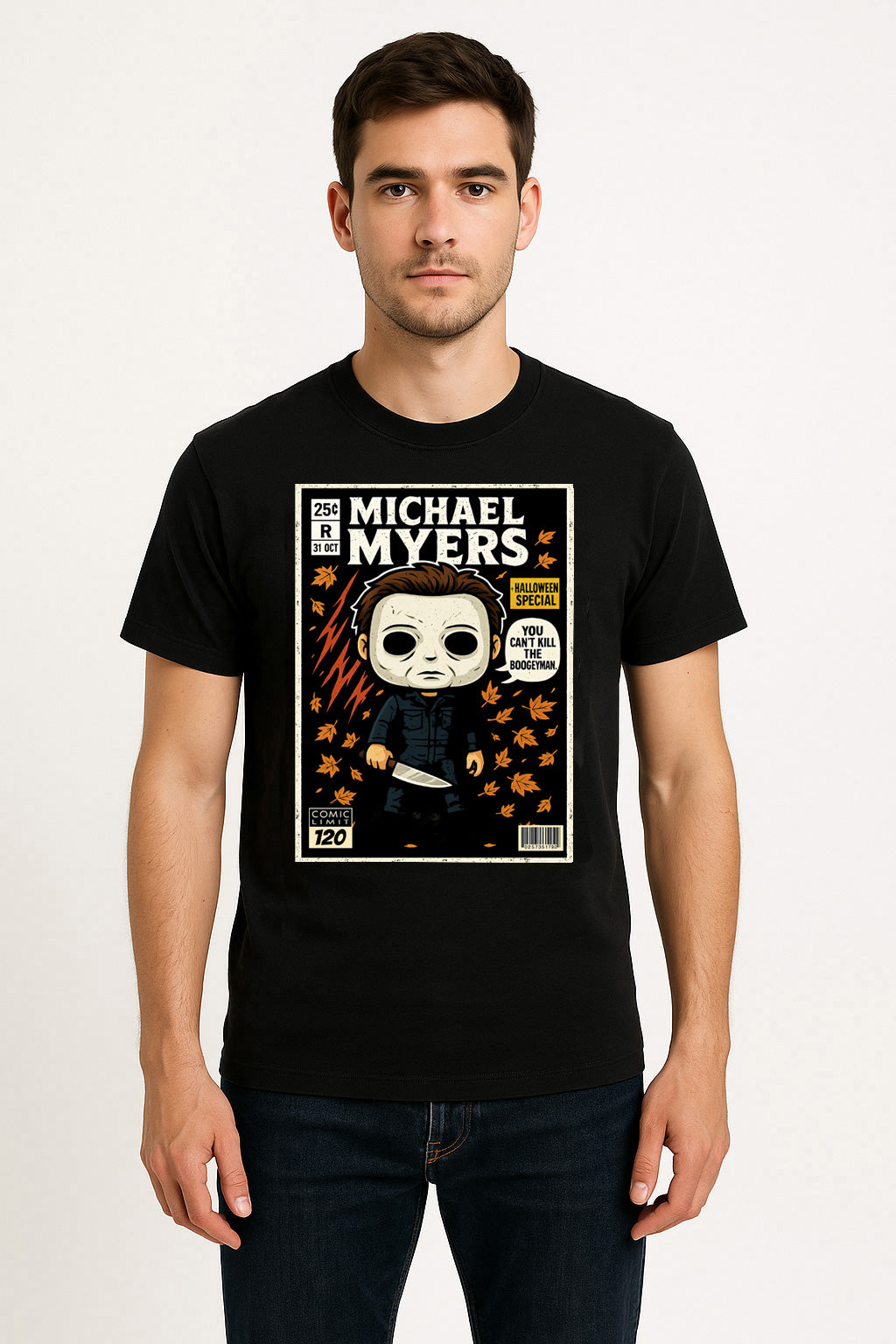 Michael Myers “You Can’t Kill the Boogeyman” Halloween Graphic Tee – Retro Horror Comic Style T-Shirt