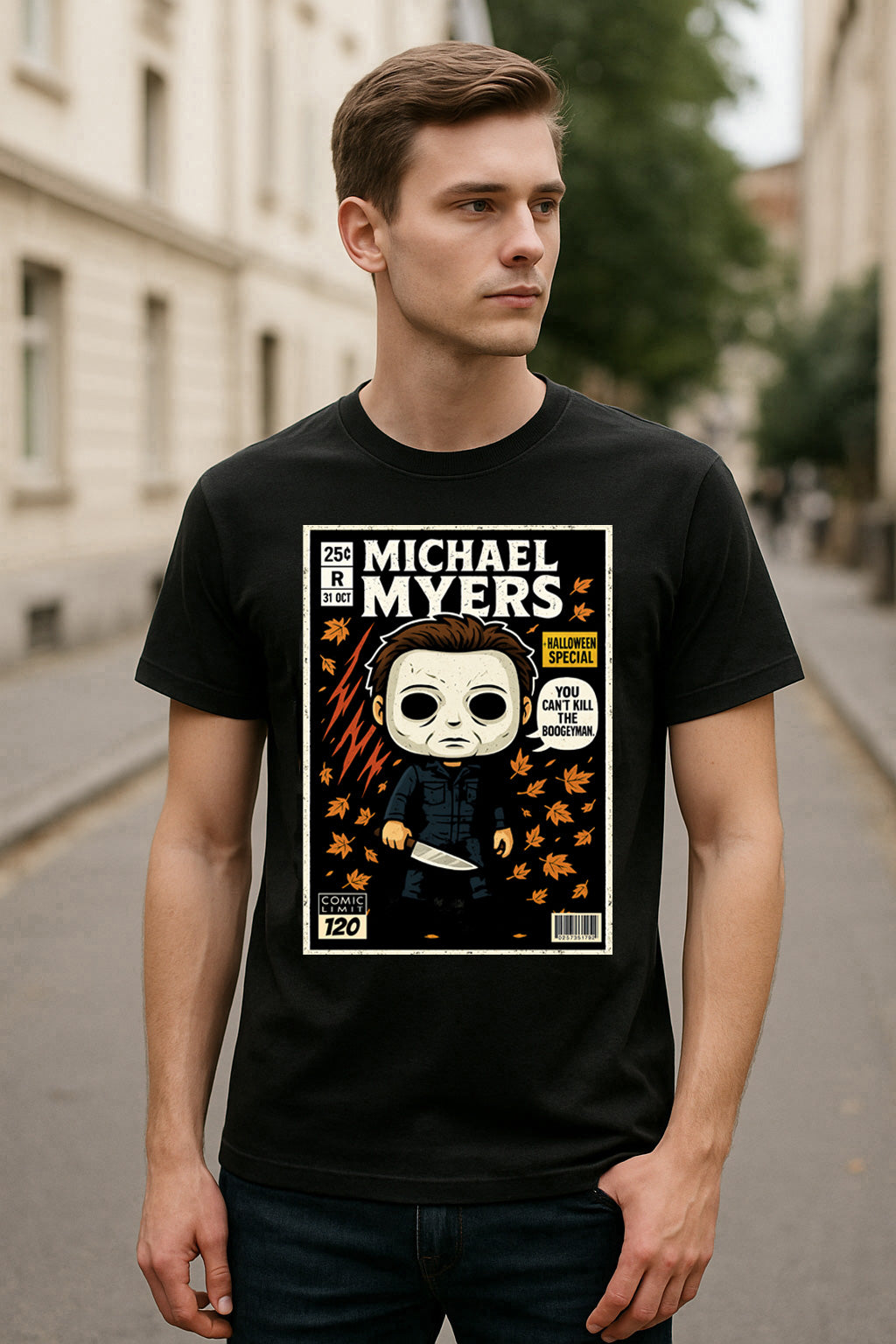 Michael Myers “You Can’t Kill the Boogeyman” Halloween Graphic Tee – Retro Horror Comic Style T-Shirt