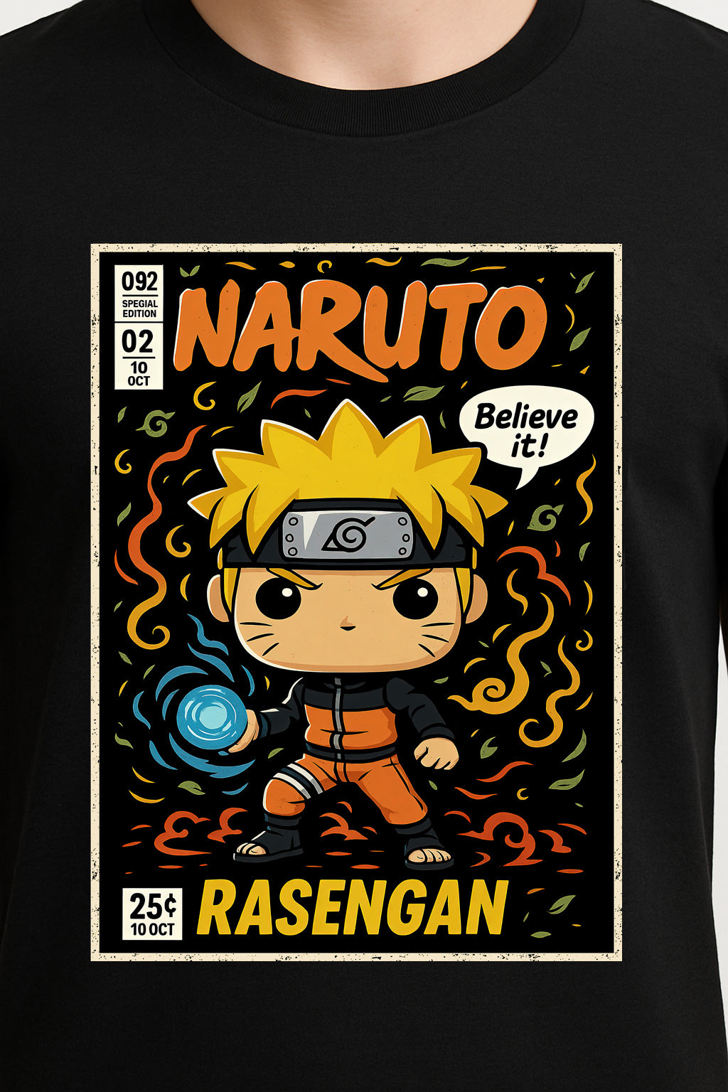 Naruto Uzumaki Unisex Comic T-Shirt – “Believe It!” Rasengan Ninja Anime Tee