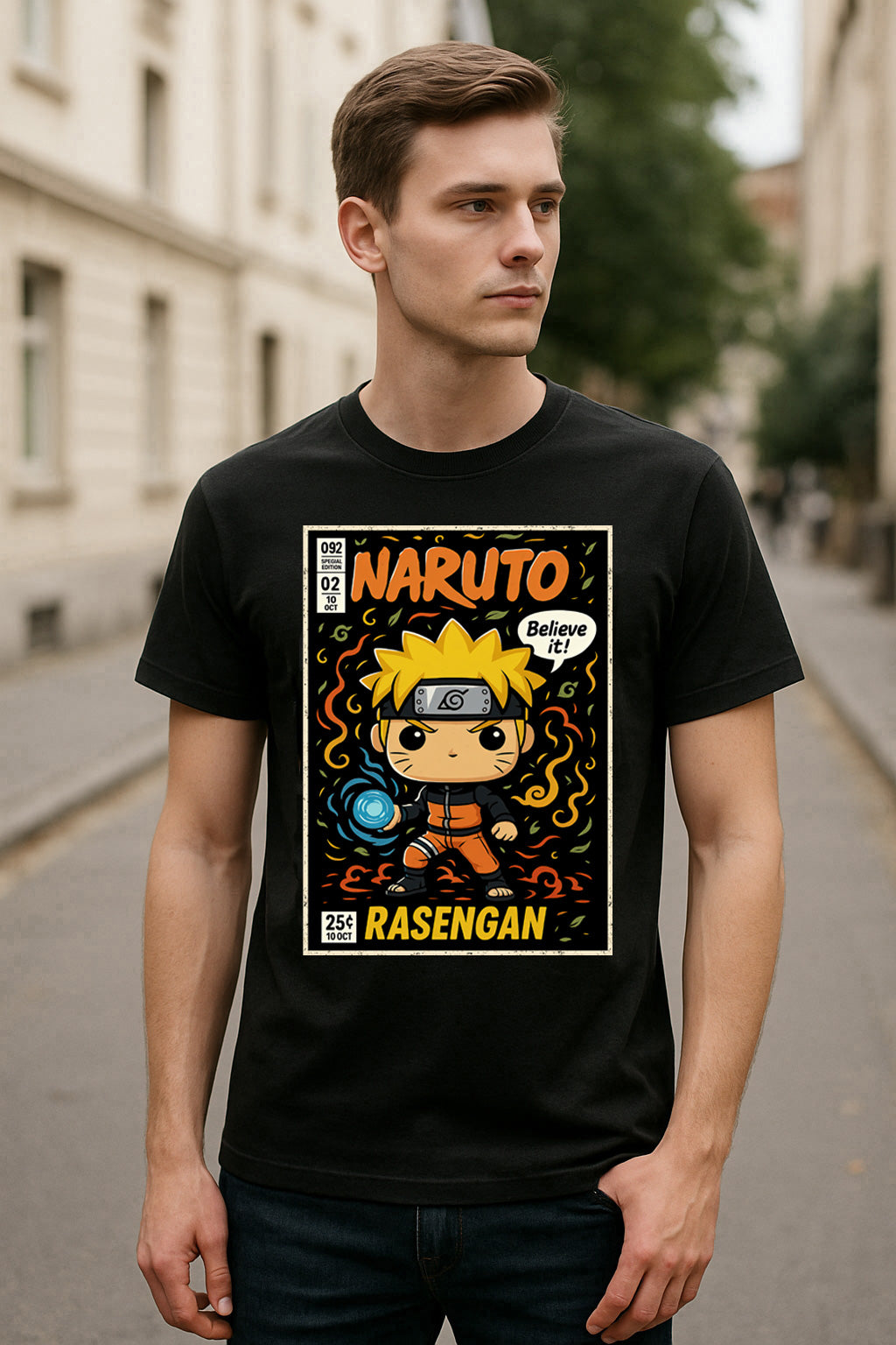 Naruto Uzumaki Unisex Comic T-Shirt – “Believe It!” Rasengan Ninja Anime Tee