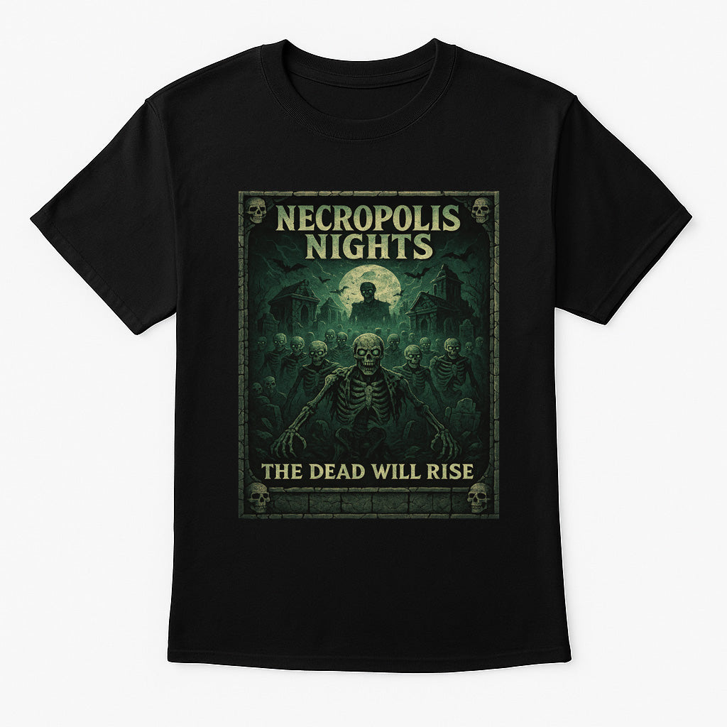 Necropolis Nights “The Dead Will Rise” Unisex T-Shirt – Undead Horror Gothic Graveyard Tee