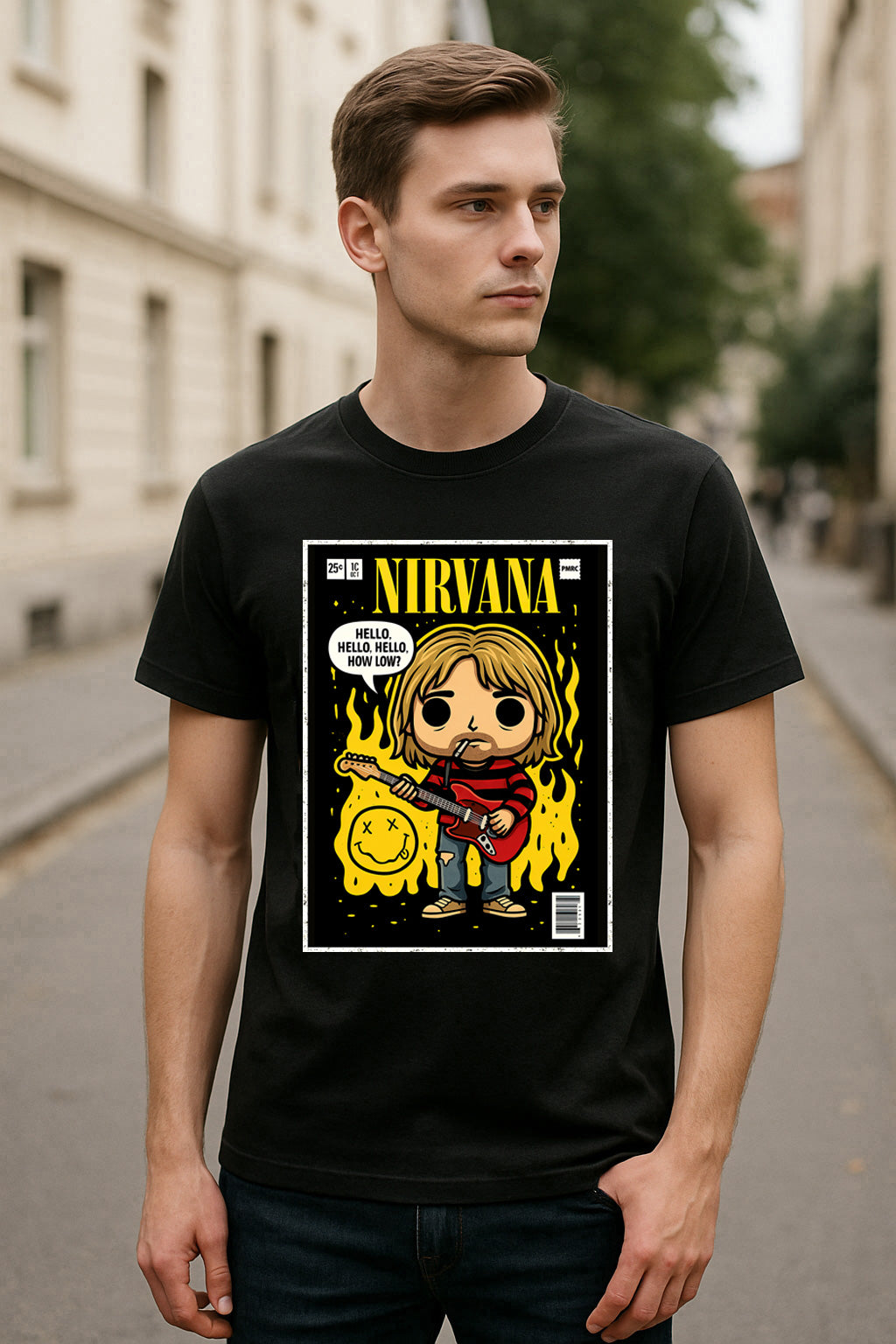 Nirvana Curt Kobain “Hello Hello” Unisex T-Shirt – 90s Grunge Band Comic Edition Graphic Tee