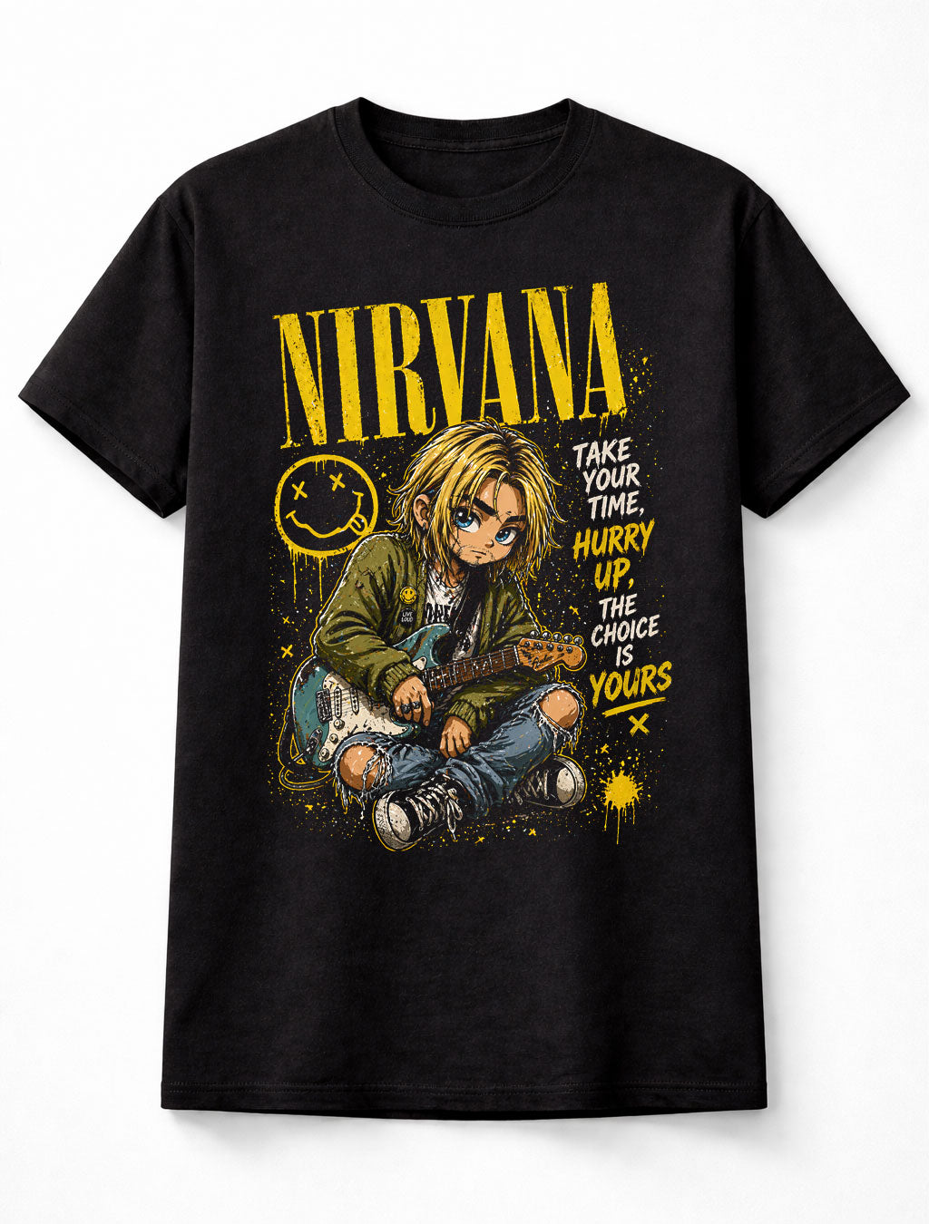 Nirvana Graphic T-Shirt Grunge Rock Band Tee Come As You Are Design Vintage 90s Alternative Yellow Black Distressed Adults & Kids Unisex T-Shirt