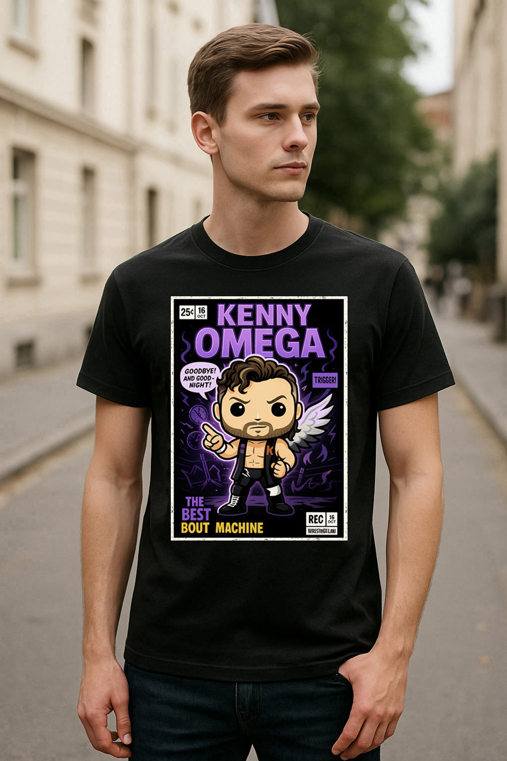 Kenny Omega “Best Bout Machine” Pop Comic Wrestling T-Shirt — Trigger Edition