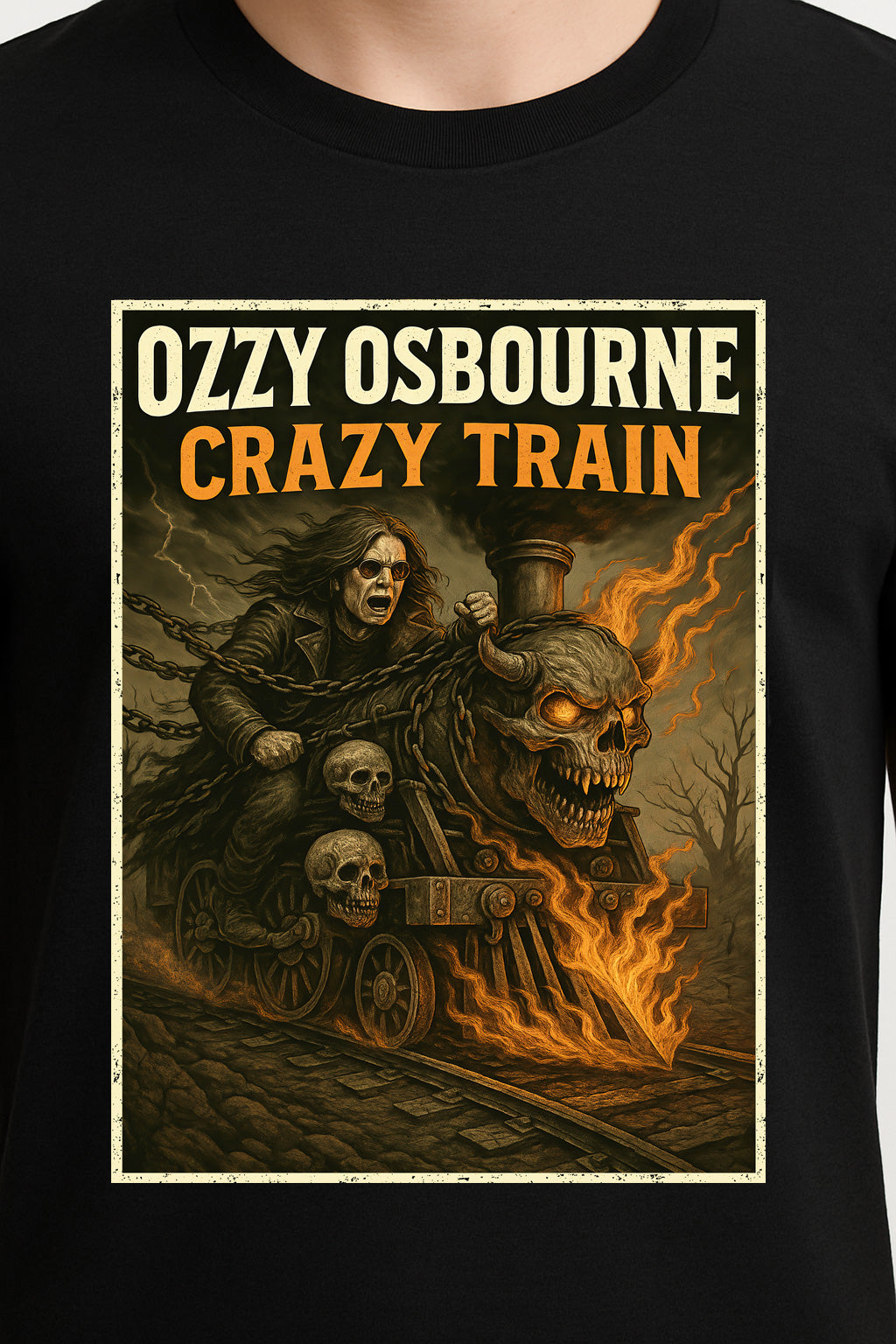 Ozzy Osbourne “Crazy Train” Unisex T-Shirt – Classic Heavy Metal Fiery Skull Graphic Tee