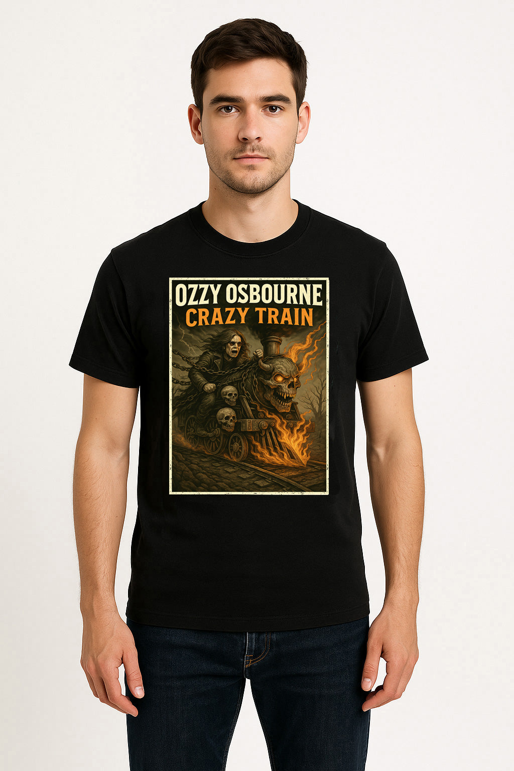 Ozzy Osbourne “Crazy Train” Unisex T-Shirt – Classic Heavy Metal Fiery Skull Graphic Tee