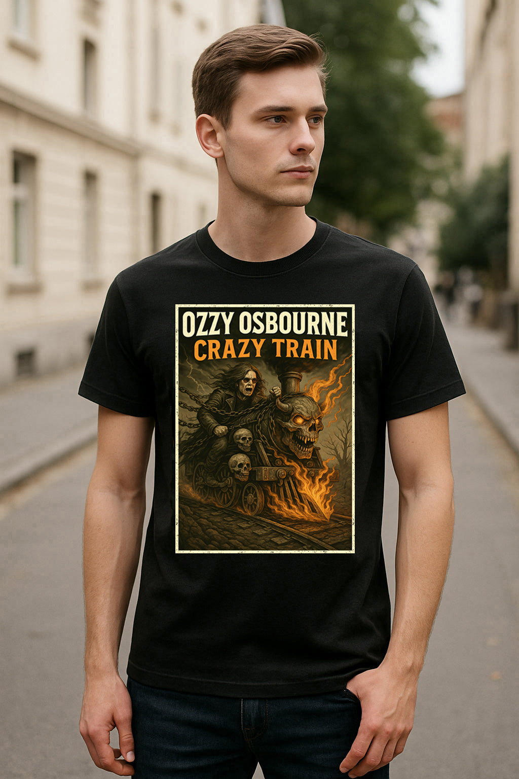 Ozzy Osbourne “Crazy Train” Unisex T-Shirt – Classic Heavy Metal Fiery Skull Graphic Tee