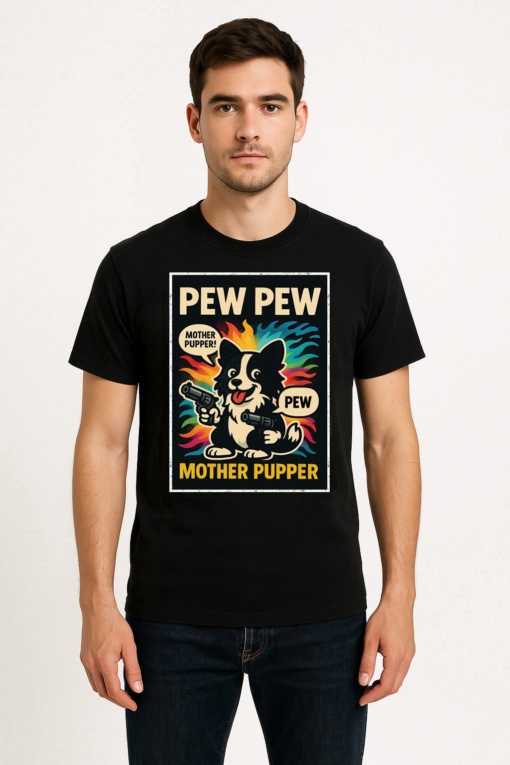 Pew Pew Mother Pupper Unisex T-Shirt Funny Dog Gun Joke Comic Tee