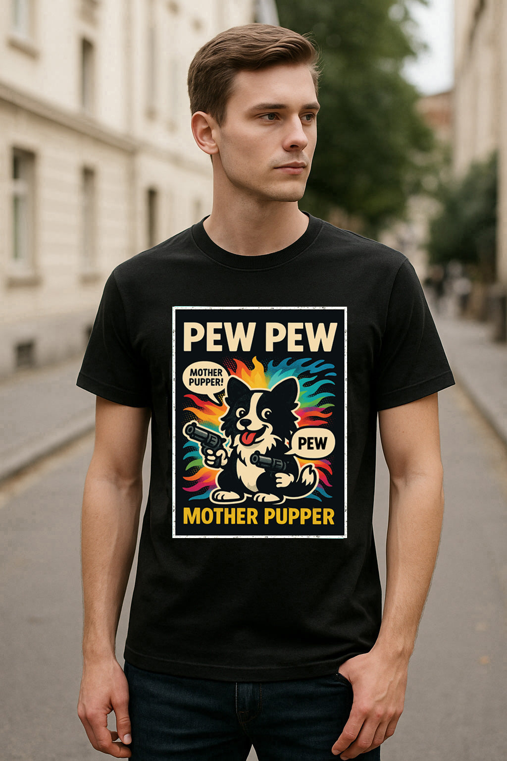 Pew Pew Mother Pupper Unisex T-Shirt Funny Dog Gun Joke Comic Tee