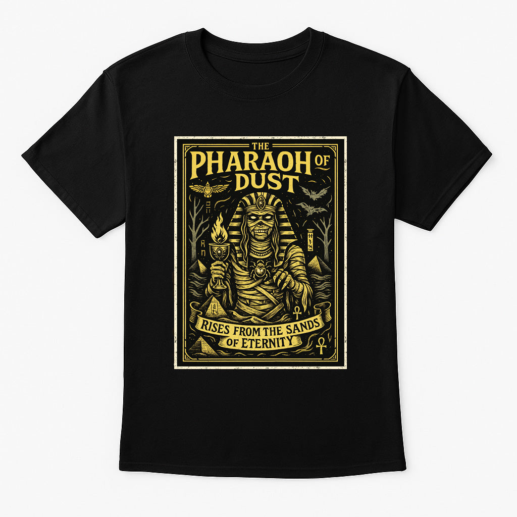 Pharaoh of Dust unisex t-shirt featuring mummified pharaoh with torch and ancient symbols, gold gothic design printed on black cotton tee