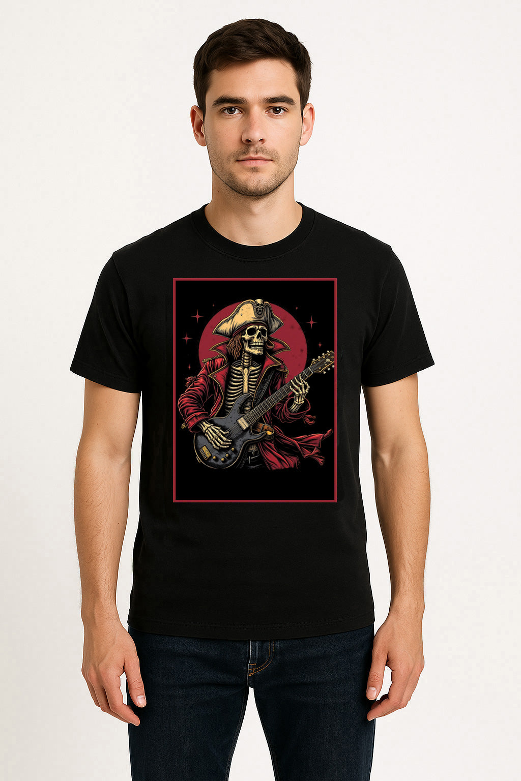 Skeleton Pirate Guitarist Unisex T-Shirt Rock n’ Roll Reaper Tee