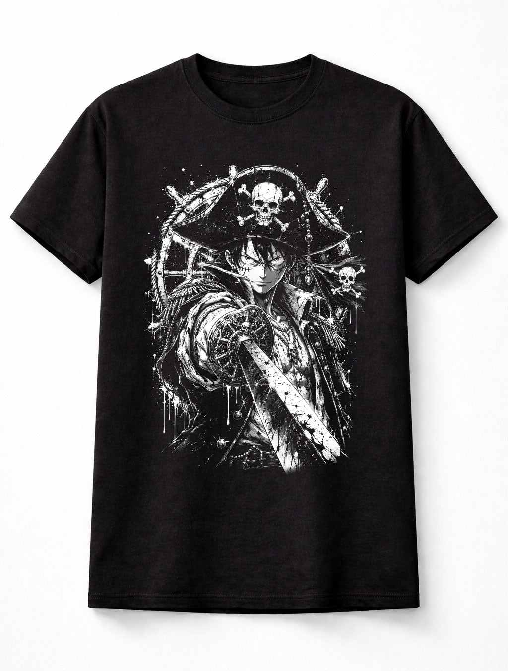 Anime Pirate Captain Sword Skull Manga Graphic Black Unisex T-Shirt