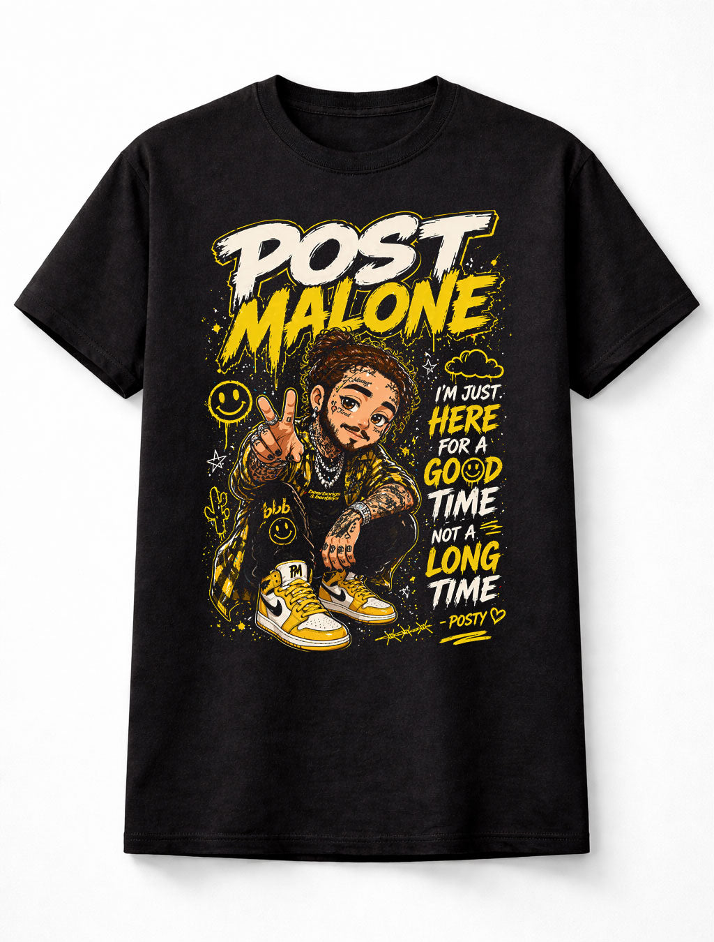 Post Malone Graphic T-Shirt Hip Hop Rap Tee Yellow Black Streetwear Good Time Adults & Kids Unisex T-Shirt