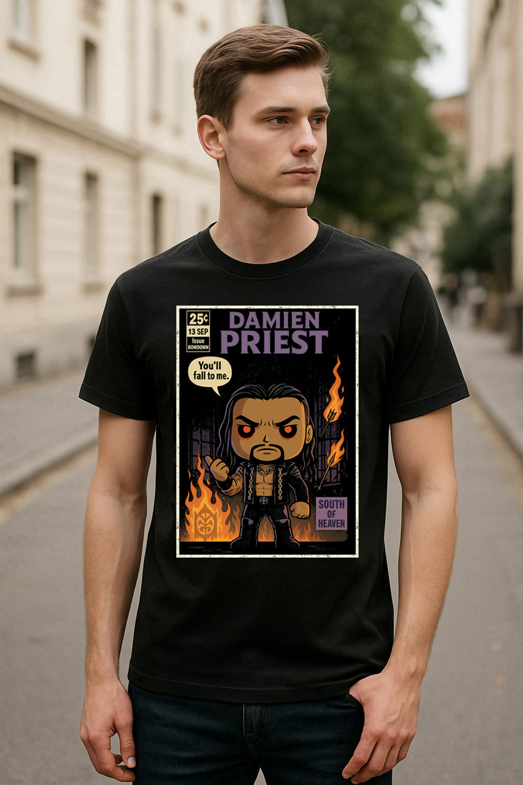 Damien Priest “South of Heaven” Pop Comic Wrestling T-Shirt — Fall to the Judgment