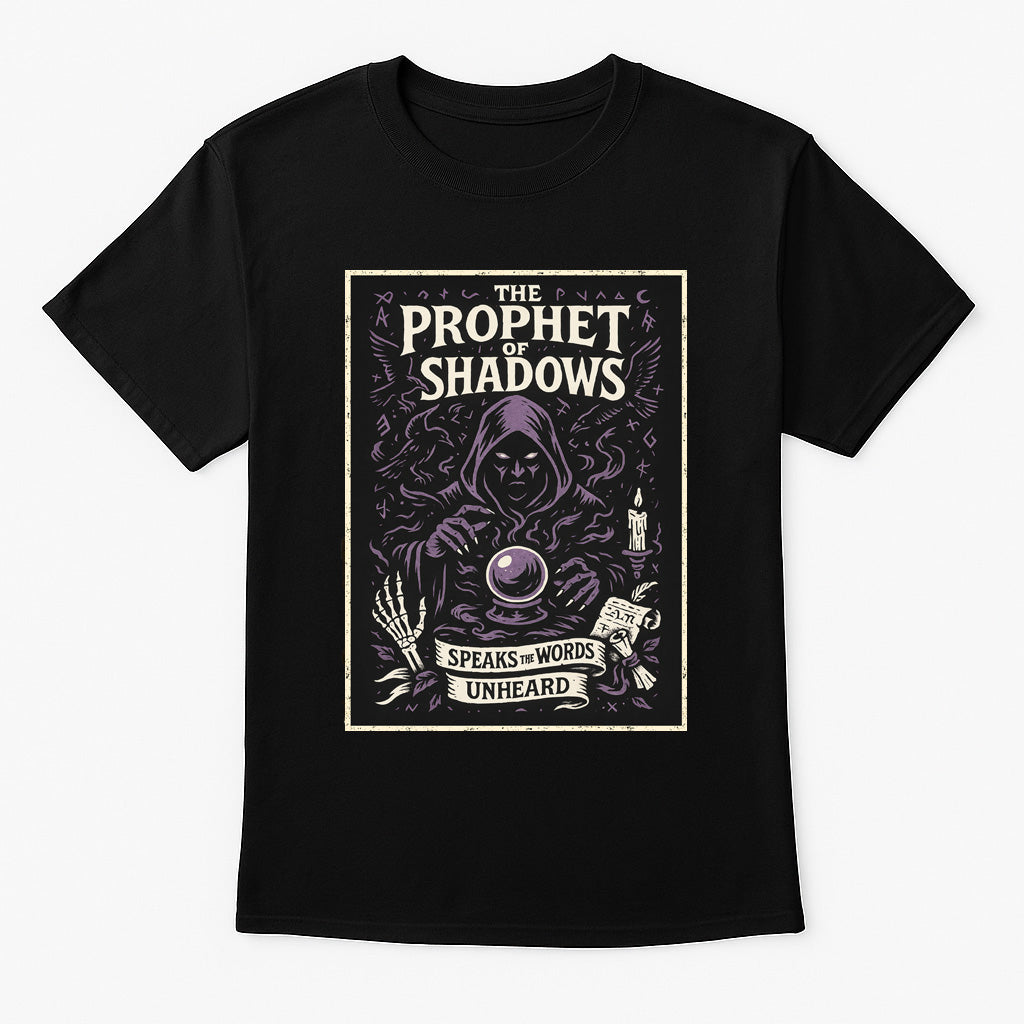 Prophet of Shadows unisex t-shirt featuring hooded seer with crystal ball and skulls, gothic purple and ivory design printed on black cotton tee