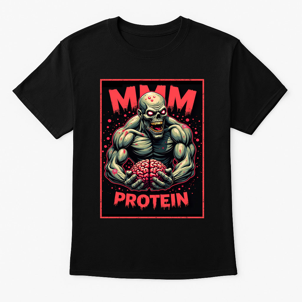 Mmm Protein unisex t-shirt featuring cartoon zombie holding brain with horror comic design, neon red and green gym shirt printed on black cotton tee