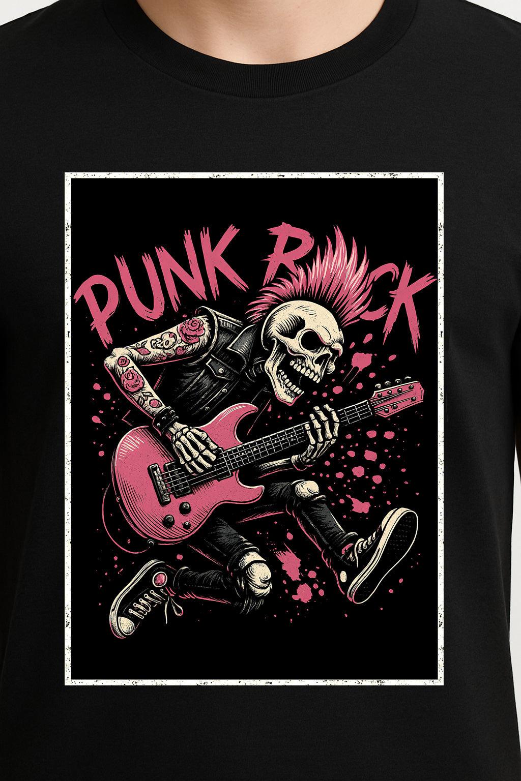 Punk Rock Skeleton Unisex T-Shirt – Rebel Guitarist Bold Alternative Goth Graphic Tee