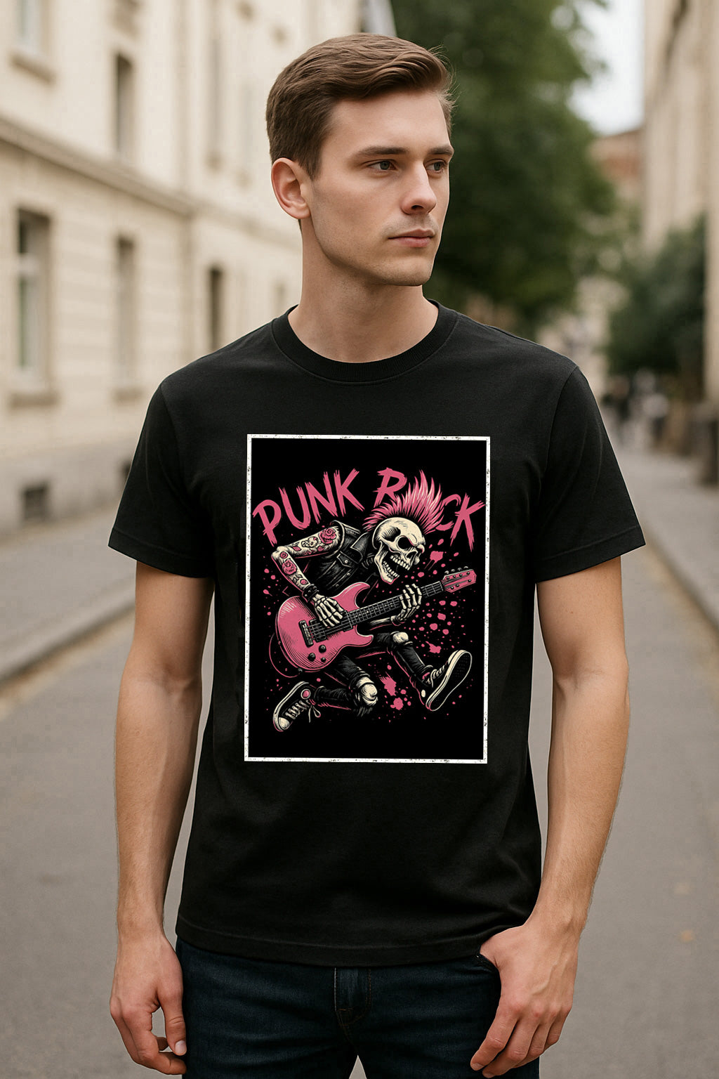 Punk Rock Skeleton Unisex T-Shirt – Rebel Guitarist Bold Alternative Goth Graphic Tee