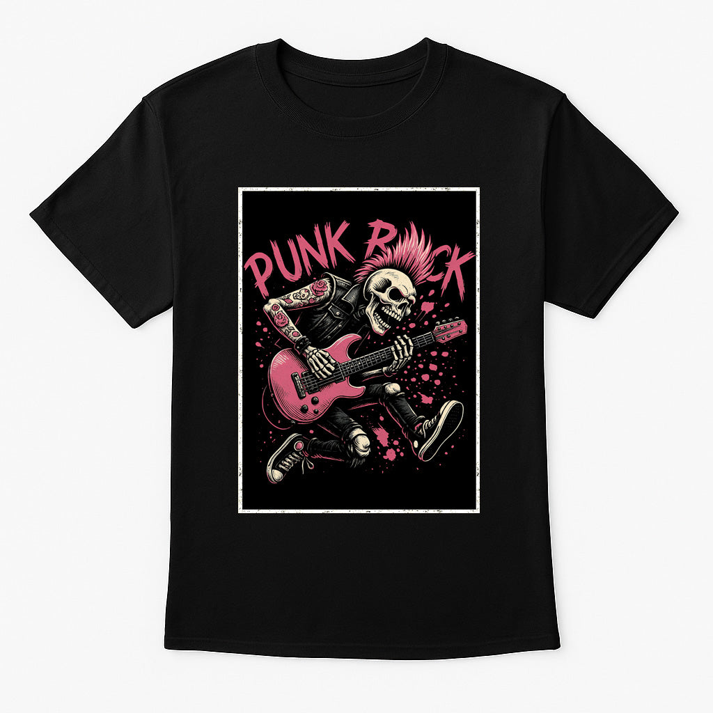 Punk Rock Skeleton Unisex T-Shirt – Rebel Guitarist Bold Alternative Goth Graphic Tee