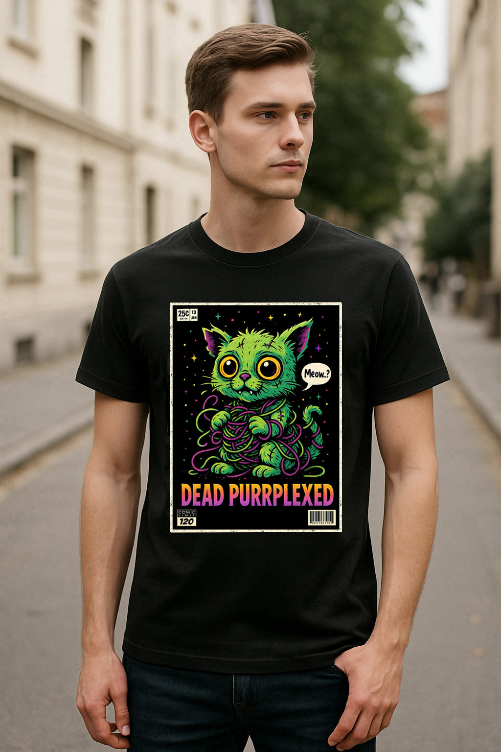 Dead Purrplexed Unisex T-Shirt – Funny Zombie Cat Undead Kitty Horror Graphic Tee