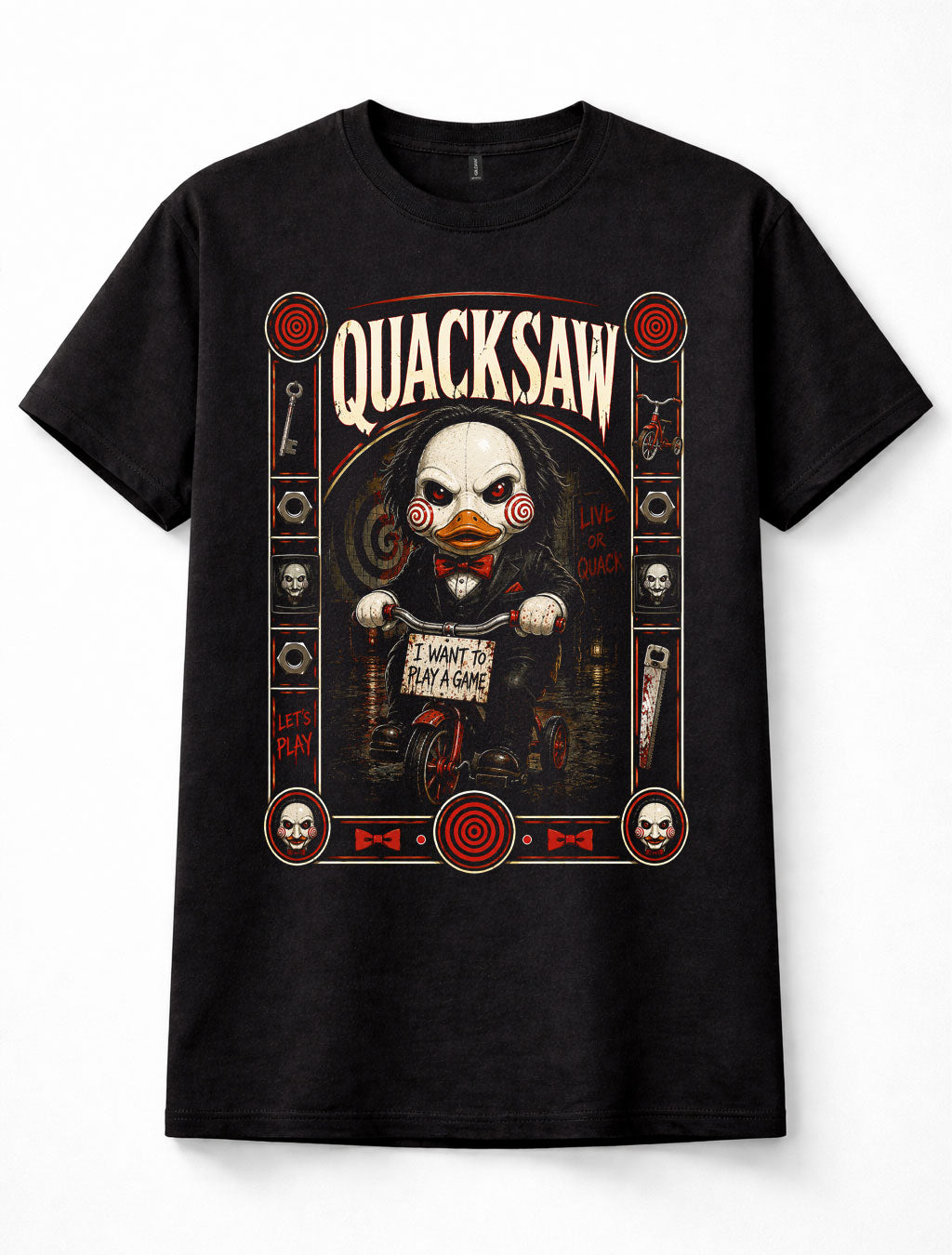 Quacksaw Saw Billy the Puppet Jigsaw Horror Movie Tricycle Duck Unisex T-Shirt