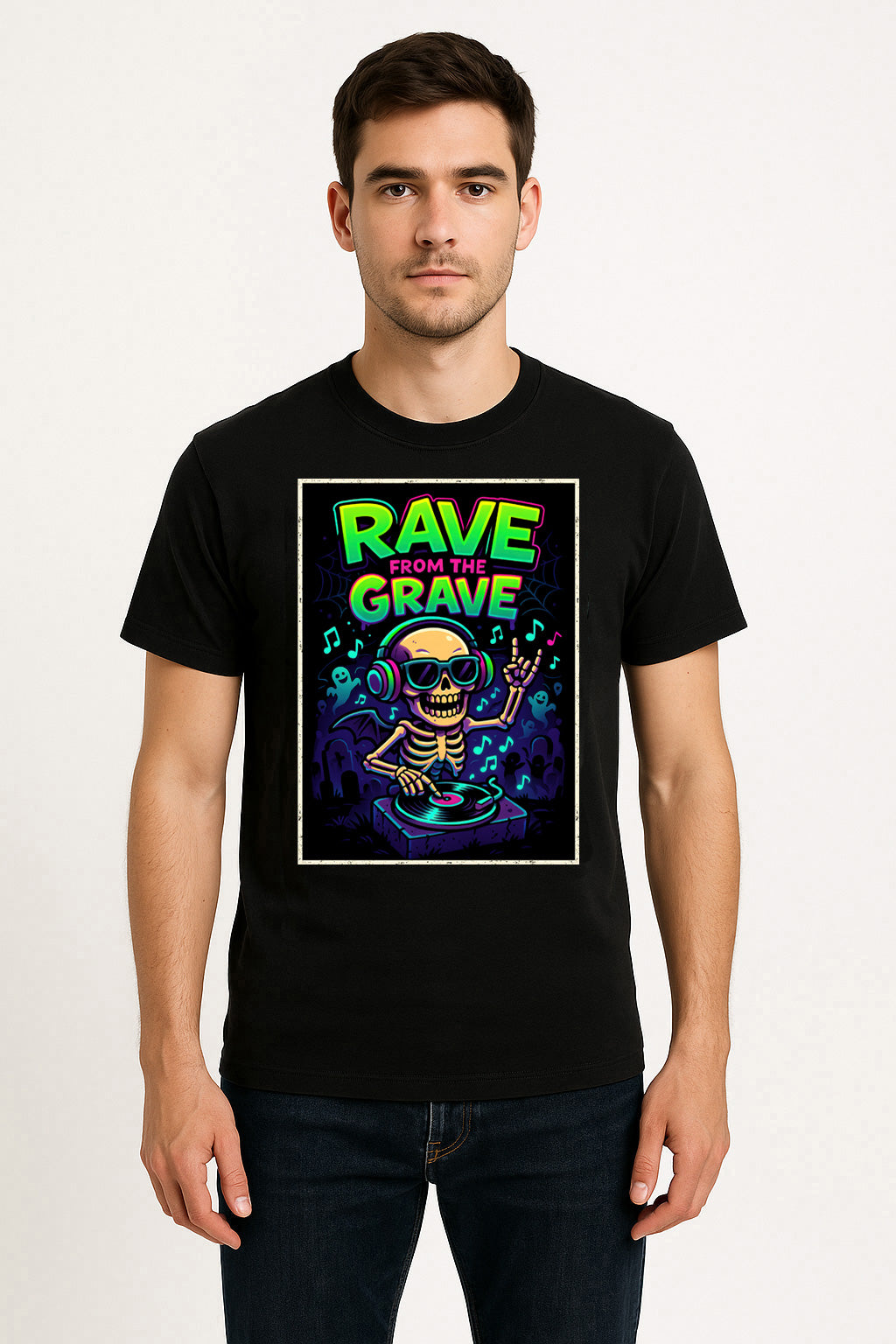 Rave from the Grave Unisex T-Shirt DJ Skeleton Party Raver Disco Tee