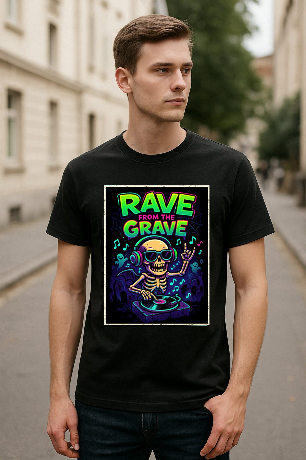 Rave from the Grave Unisex T-Shirt DJ Skeleton Party Raver Disco Tee