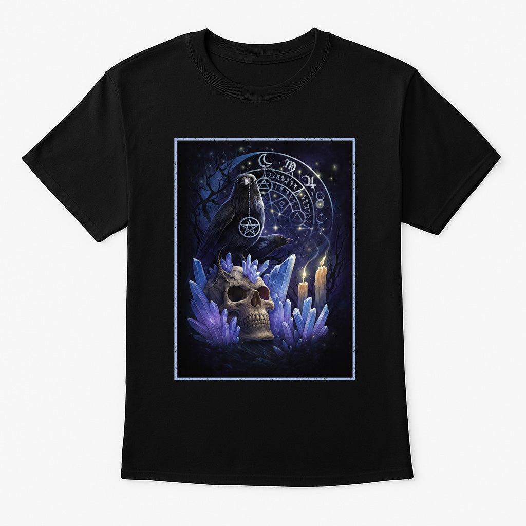 Occult Raven & Crystal Skull Unisex T-Shirt – Gothic Witchcraft Alchemy Dark Mystic Graphic Tee