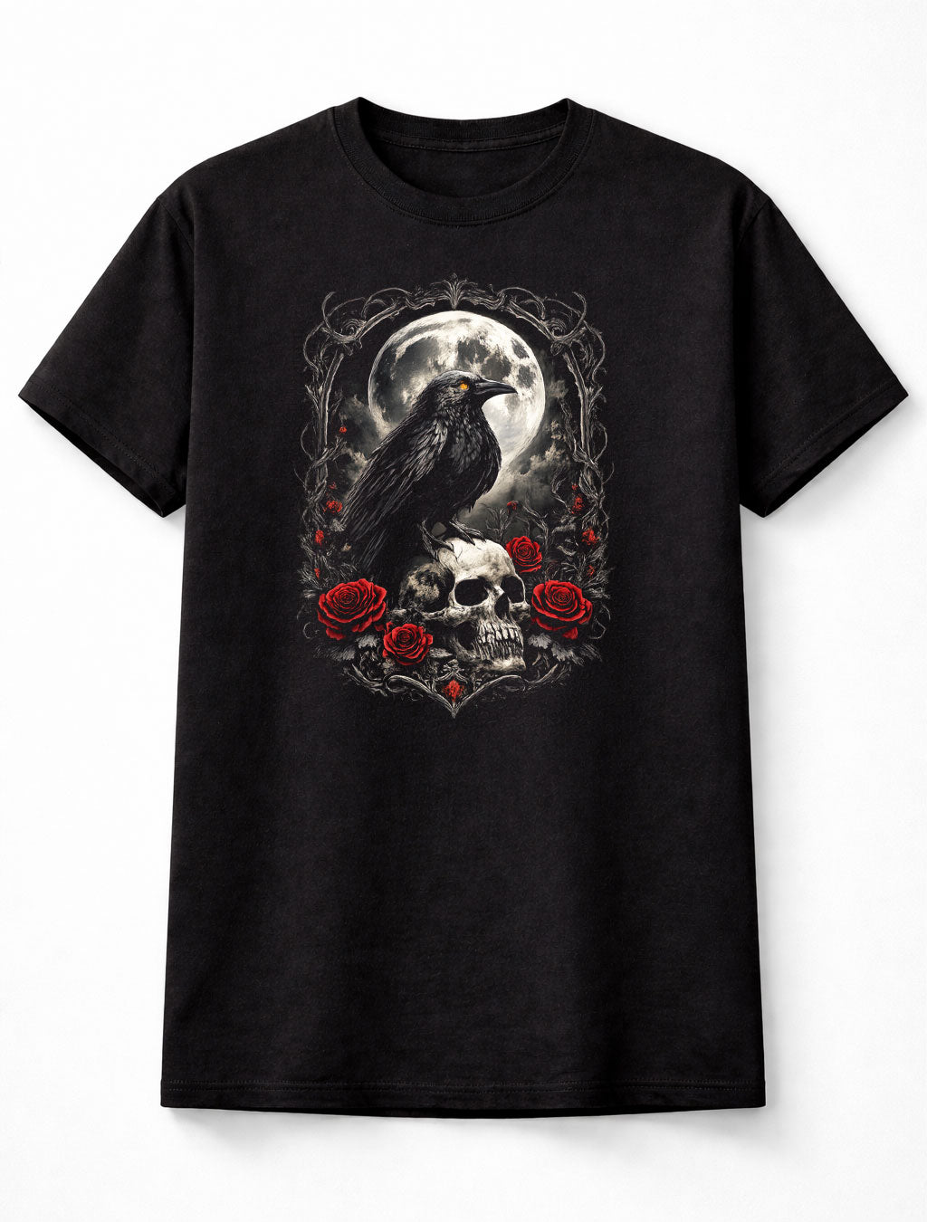 Raven Skull Moon Roses Crow Halloween Occult Gothic Unisex T-Shirt