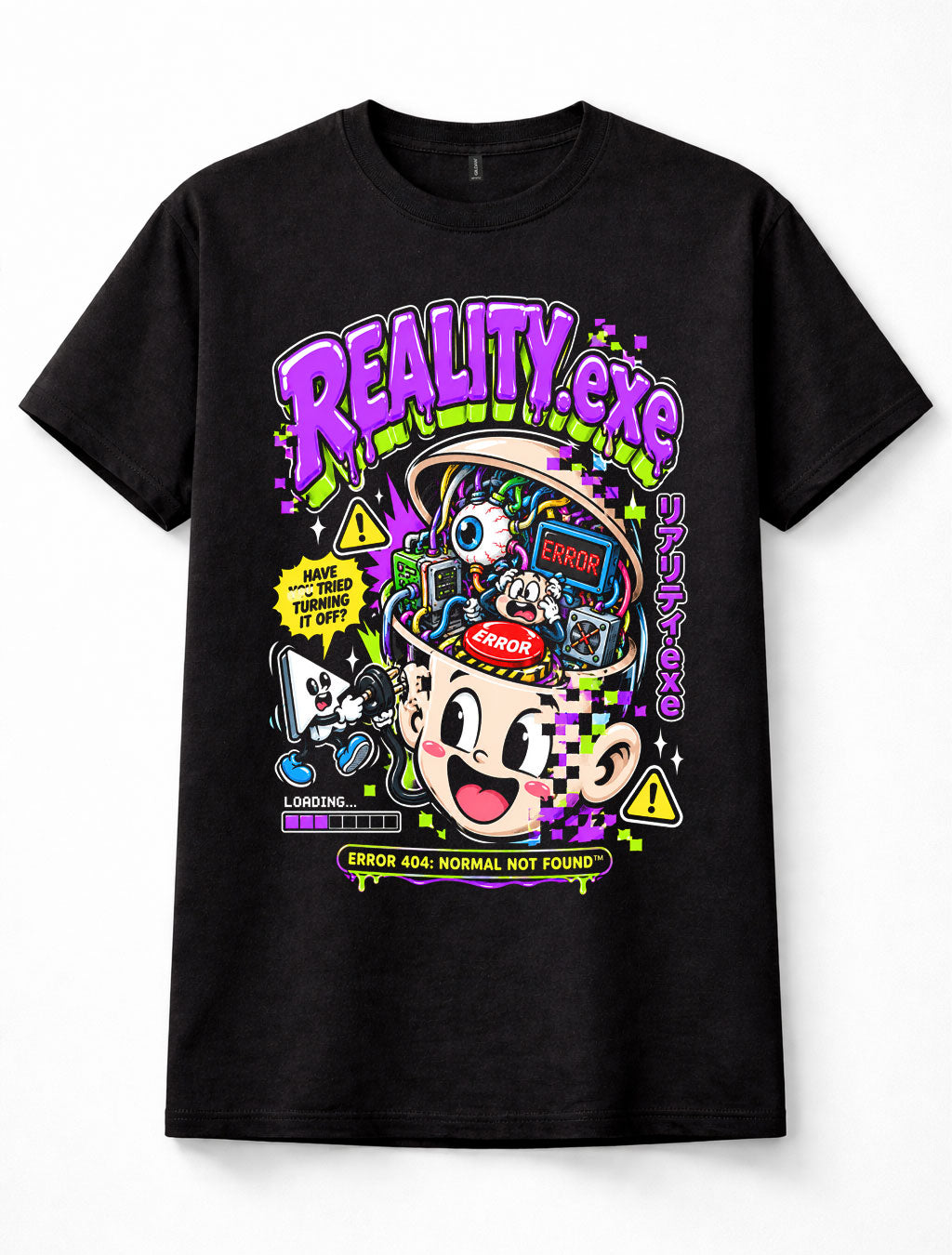 Reality EXE Error 404 Glitch Tech Funny Cartoon Cyberpunk Unisex T-Shirt