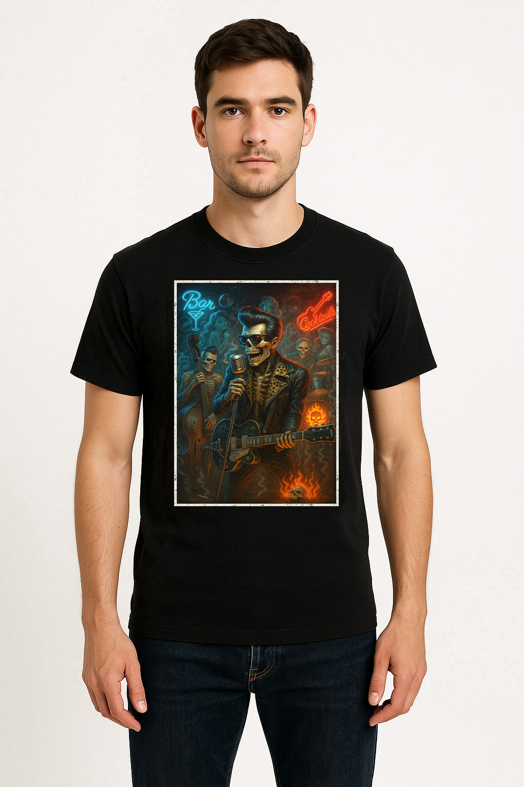 Rockabilly Skulls Live Unisex T-Shirt Retro Horror Band Tee
