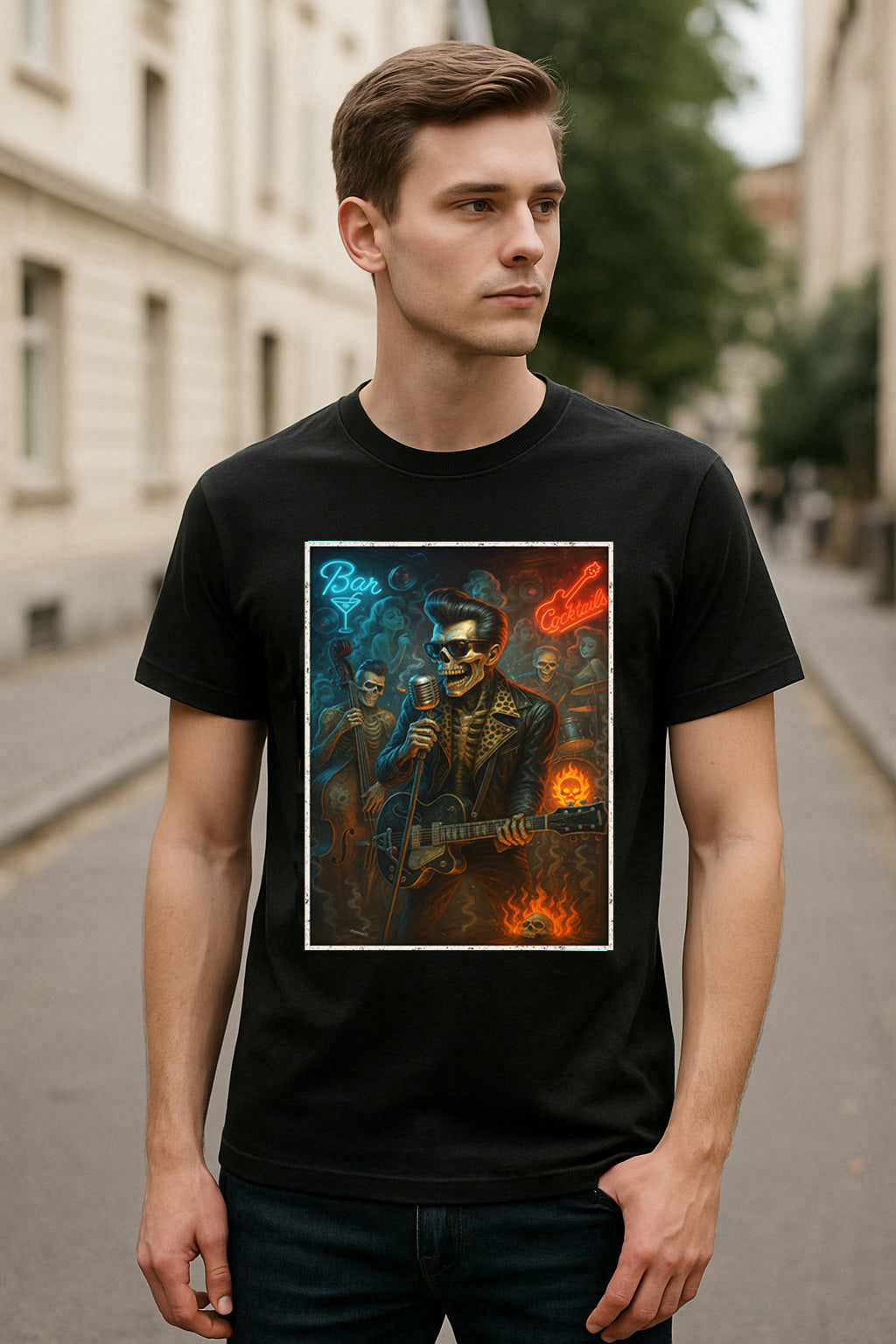 Rockabilly Skulls Live Unisex T-Shirt Retro Horror Band Tee