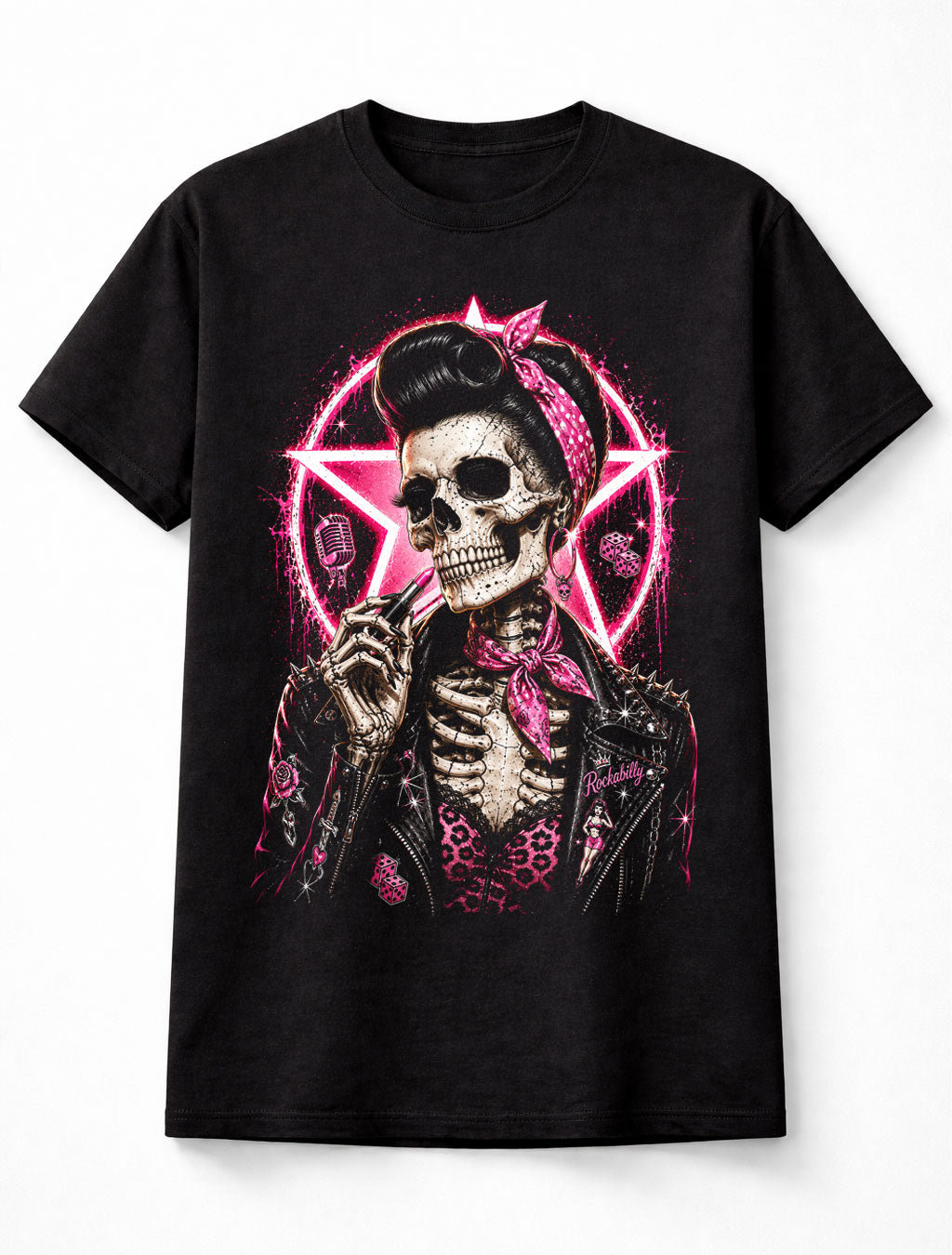Rockabilly Pin Up Skull Pink Retro Greaser Graphic Unisex T-Shirt
