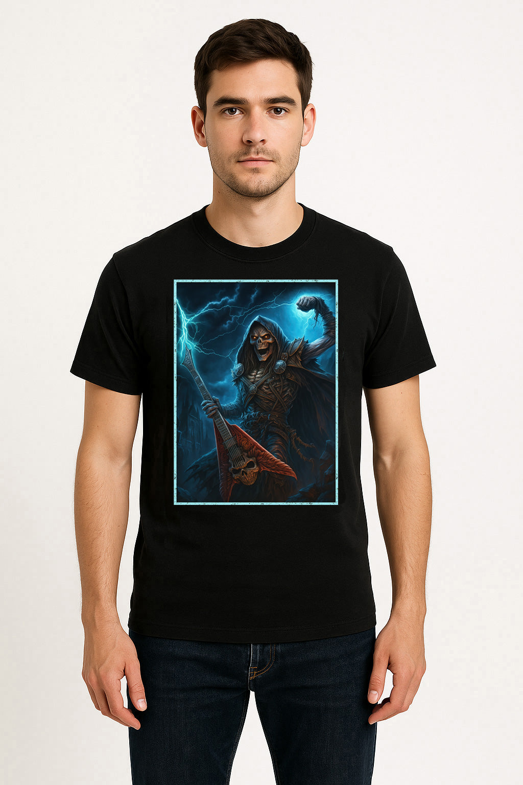 Thunder Riff Reaper Unisex T-Shirt Metal Guitar Lightning Tee