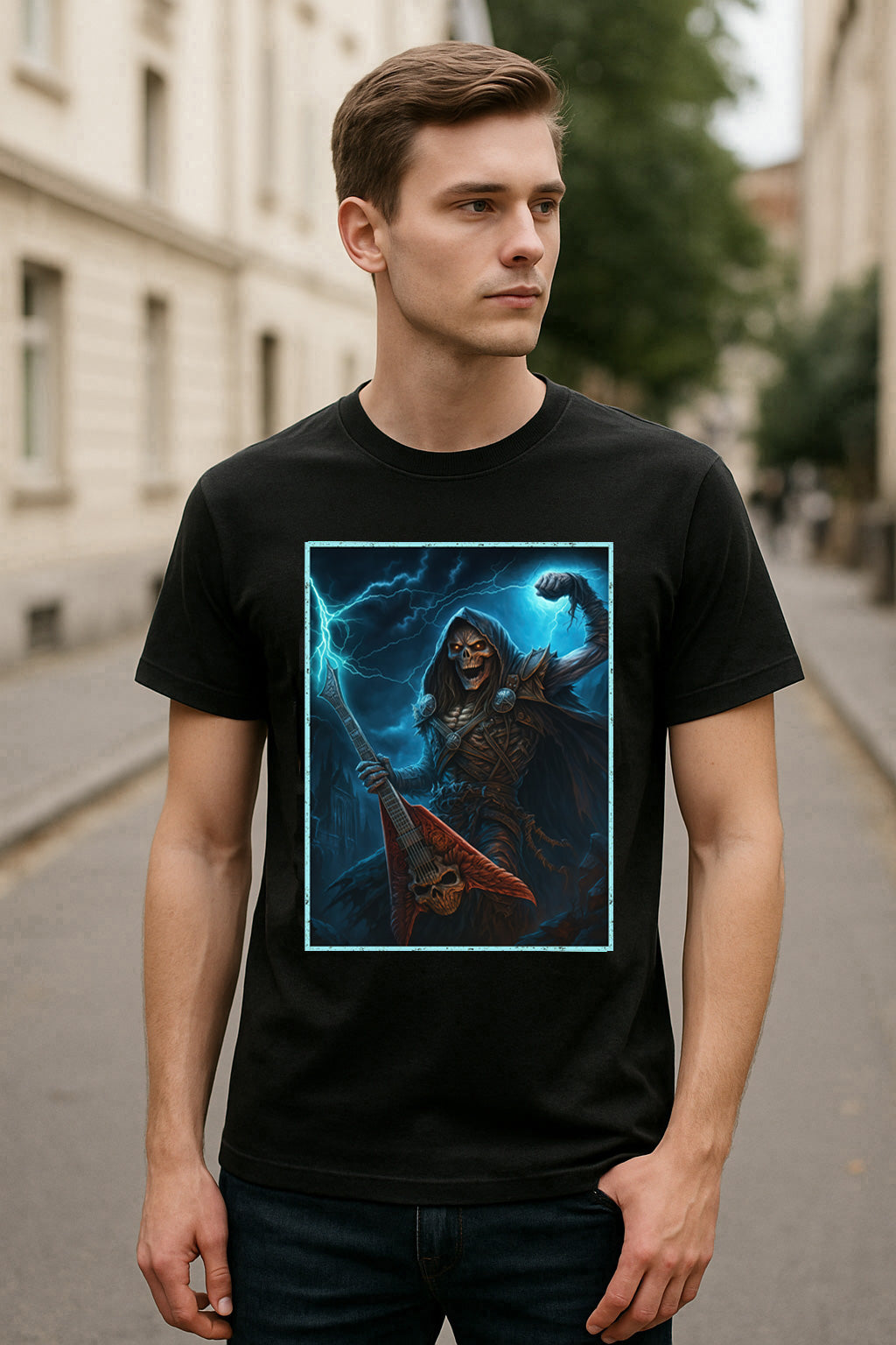Thunder Riff Reaper Unisex T-Shirt Metal Guitar Lightning Tee