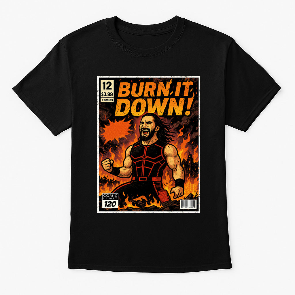 Seth Rollins “Burn It Down!” Comic Wrestling T-Shirt — Visionary Fire Edition