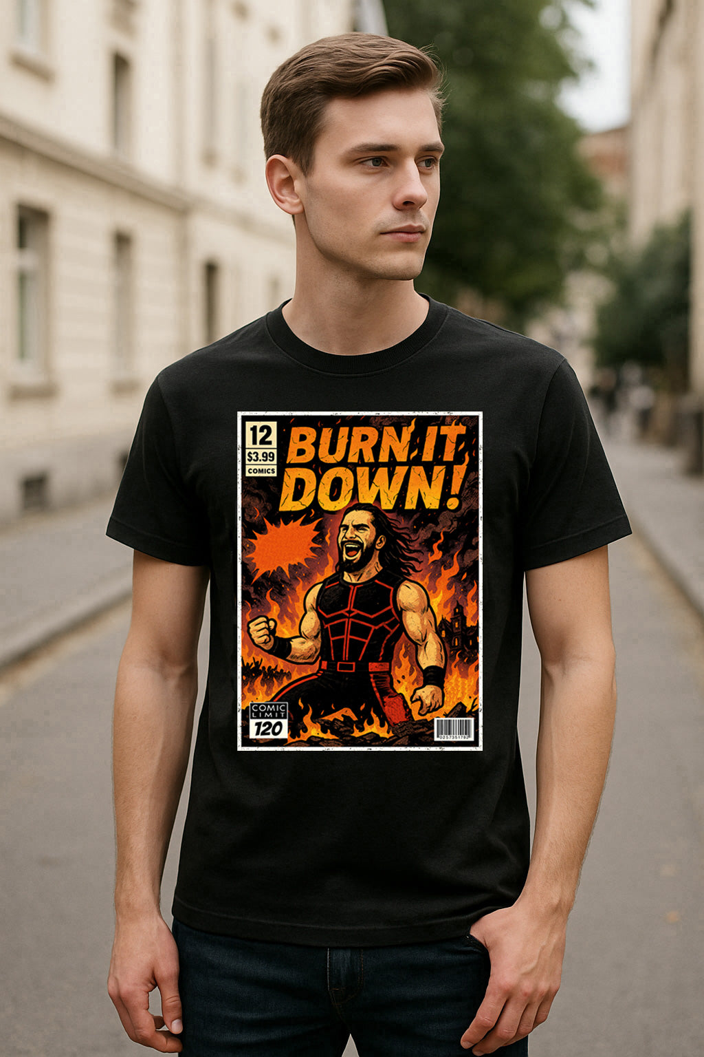 Seth Rollins “Burn It Down!” Comic Wrestling T-Shirt — Visionary Fire Edition