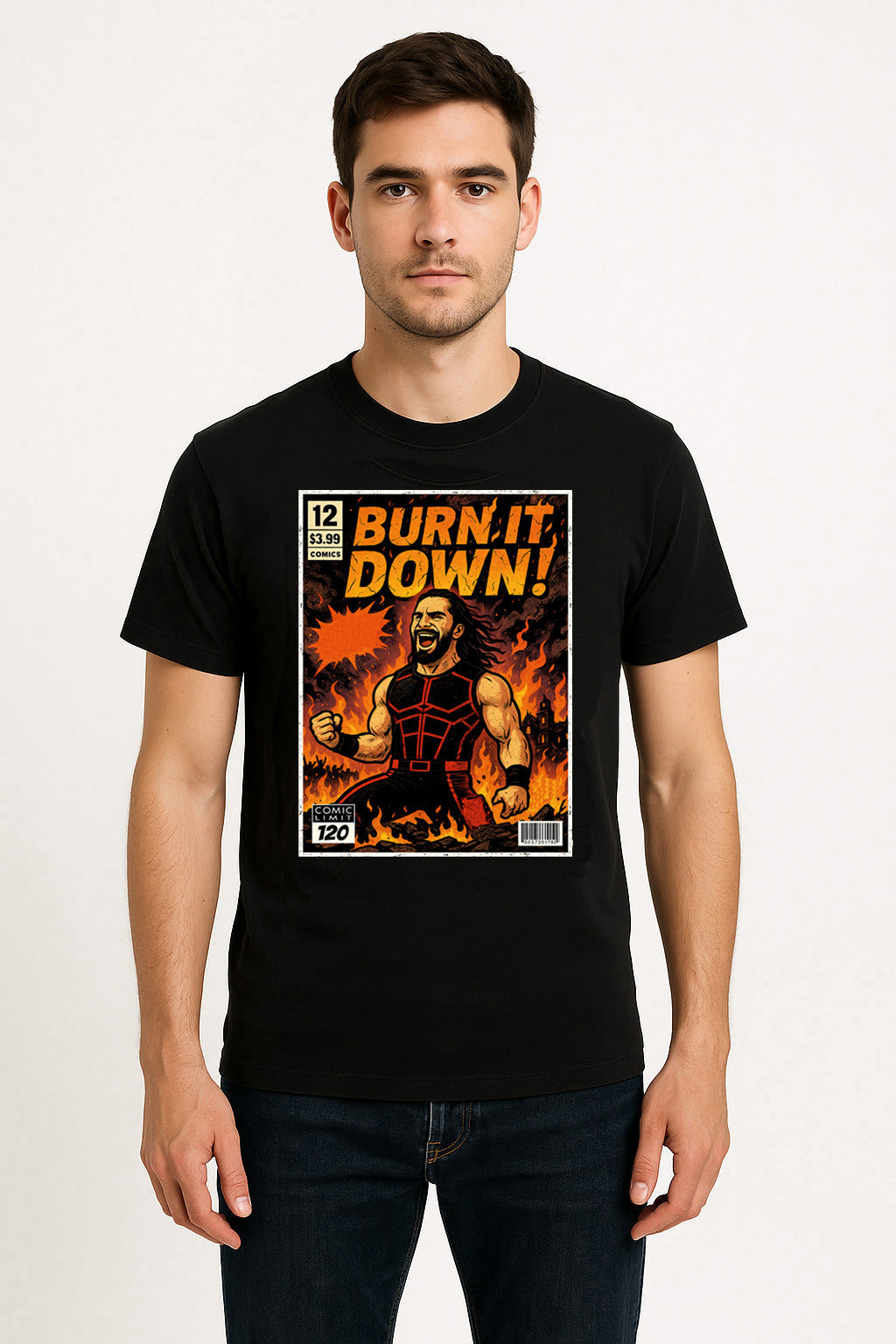 Seth Rollins “Burn It Down!” Comic Wrestling T-Shirt — Visionary Fire Edition