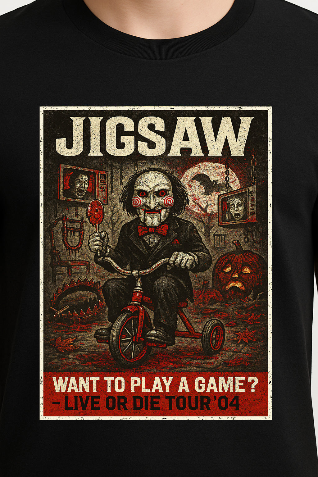Jigsaw “Want to Play a Game?” Live or Die Tour ’04 T-Shirt – Saw Horror Movie Tee