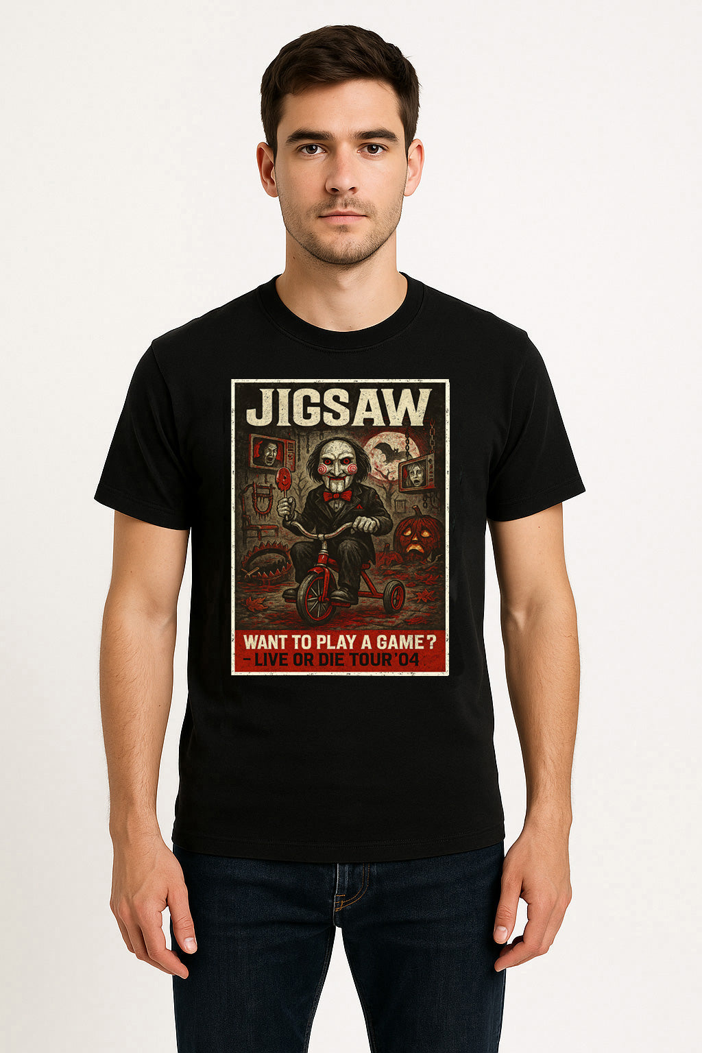 Jigsaw “Want to Play a Game?” Live or Die Tour ’04 T-Shirt – Saw Horror Movie Tee