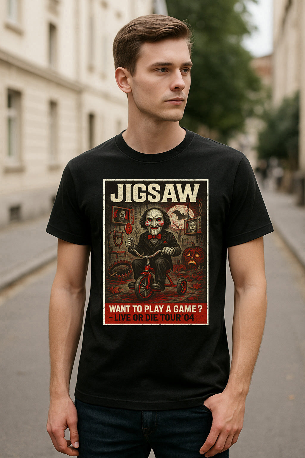 Jigsaw “Want to Play a Game?” Live or Die Tour ’04 T-Shirt – Saw Horror Movie Tee