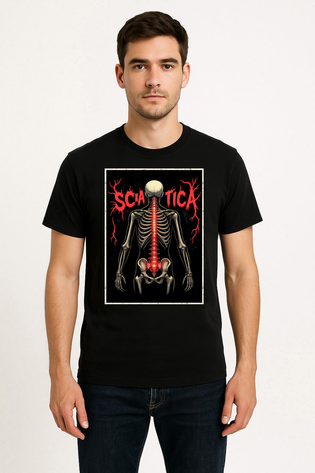 Sciatica Unisex T-Shirt Skeleton Spine Heavy Metal Funny Metallica Parody Tee