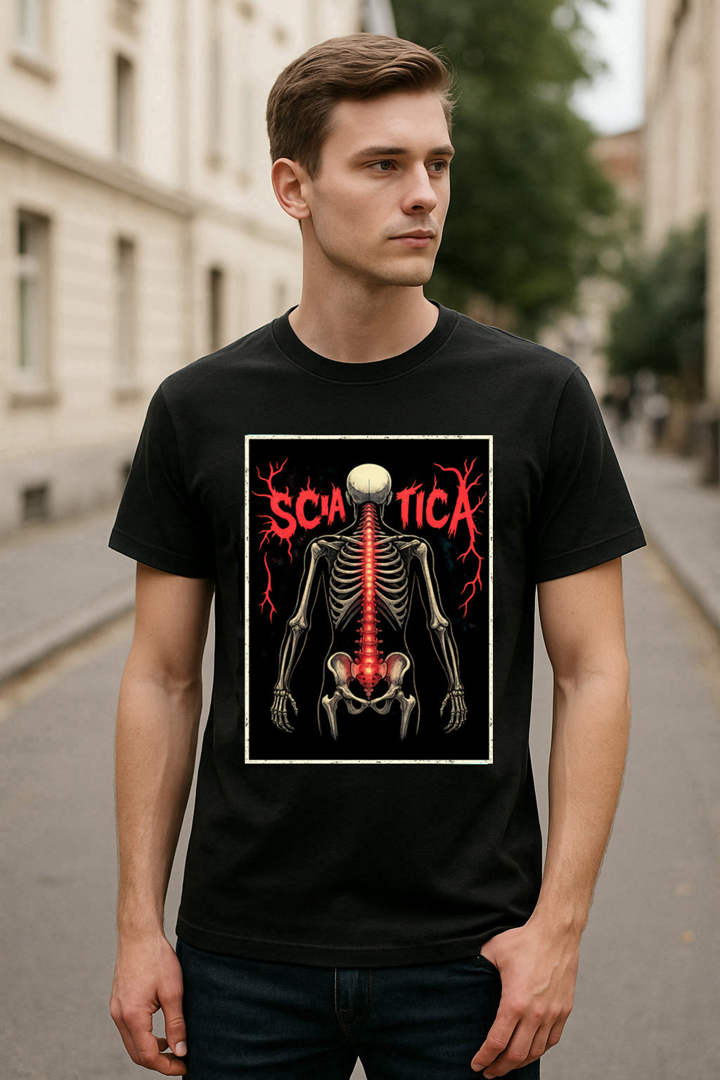 Sciatica Unisex T-Shirt Skeleton Spine Heavy Metal Funny Metallica Parody Tee